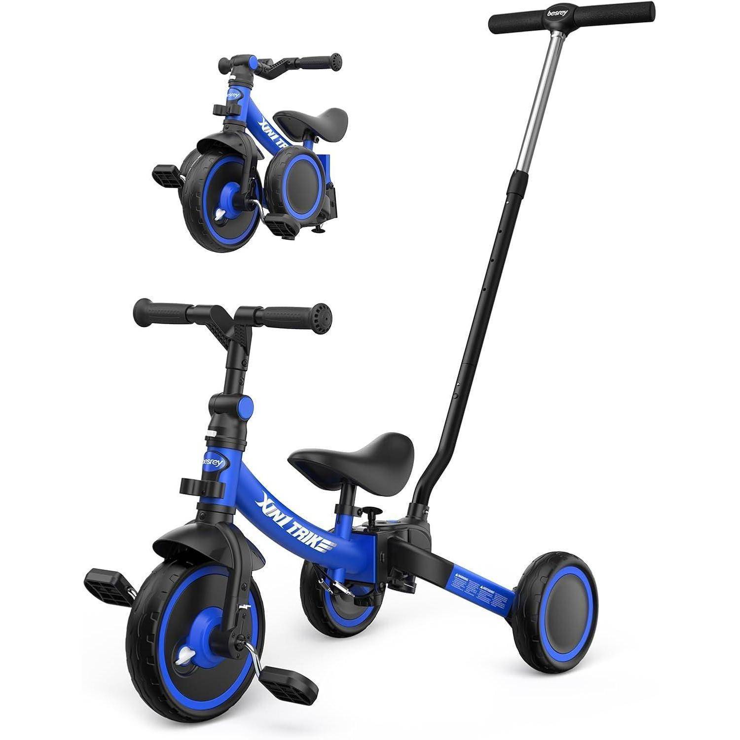 Ein blauer Dreirad mit einem Schiebegriff, versehen mit dem Etikett 'XM Trike', wird in zwei Konfigurationen gezeigt: zusammengebaut und zusammengeklappt.