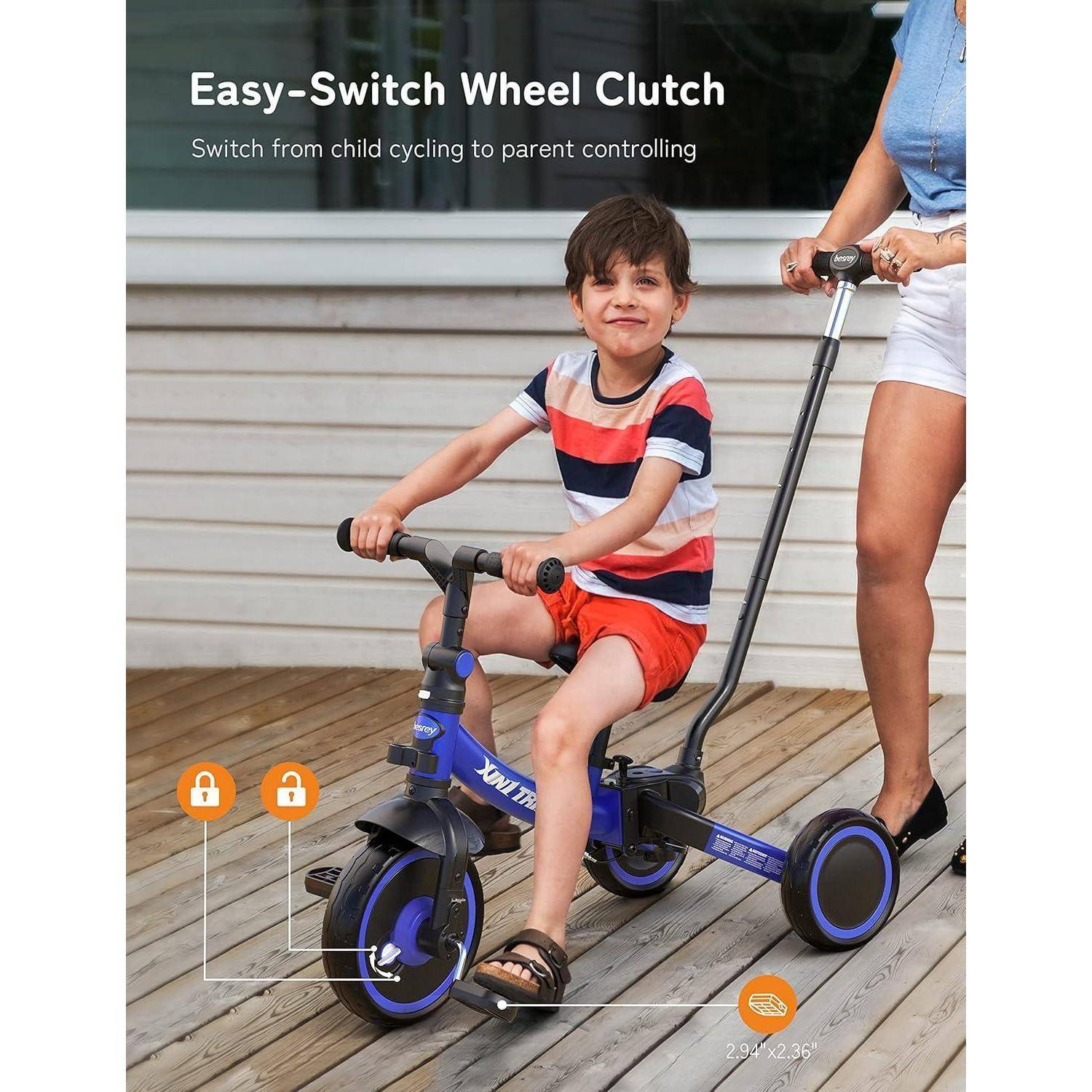 Ein Kind fährt Fahrrad, wobei ein Erwachsener eine hintere Schiebegriff hält. Text lautet: "Easy-Switch Radkupplung, Wechsel vom Kinderzyklus zur Elternkontrolle."