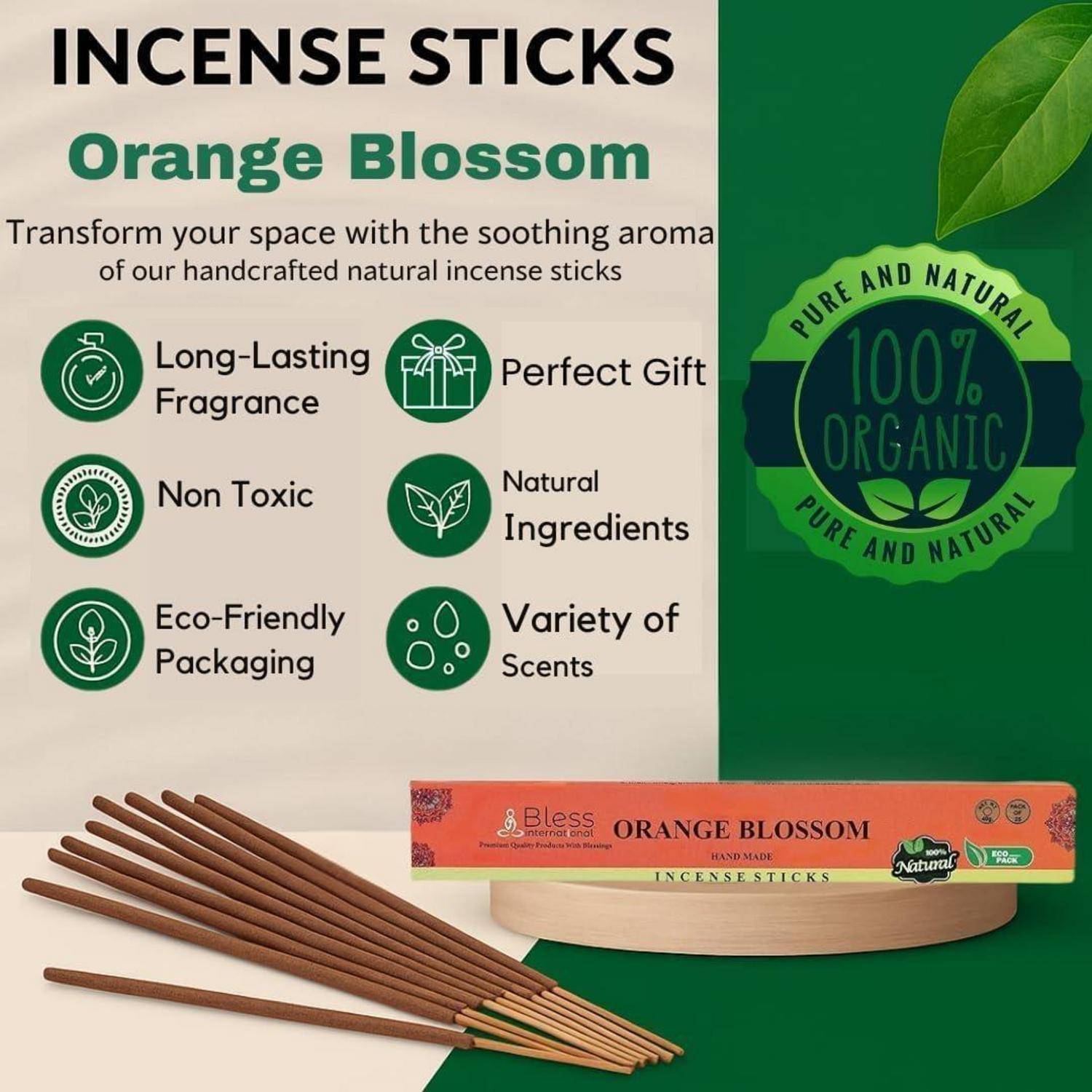 Orange Blossom Räucherstäbchen' bieten eine langanhaltende Duftintensität, sind nicht toxisch, umweltfreundlich verpackt und in verschiedenen natürlichen Düften erhältlich. Biologisch zertifiziert.