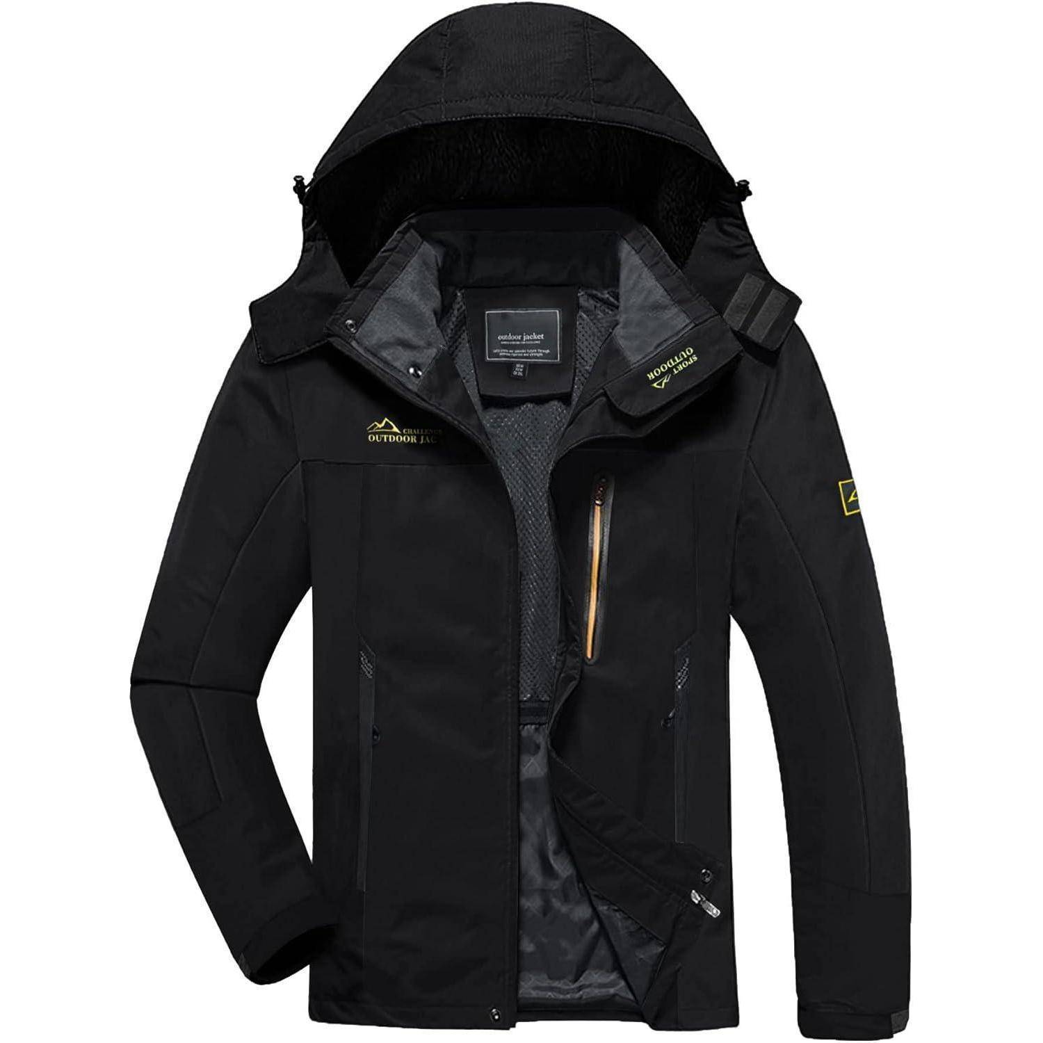 Eine schwarze Outdoor-Jacke mit Kapuze, von vorne gezeigt, mit teilweise geöffnetem Reißverschluss, die ihr wasserdichtes und winddichtes Design hervorhebt.