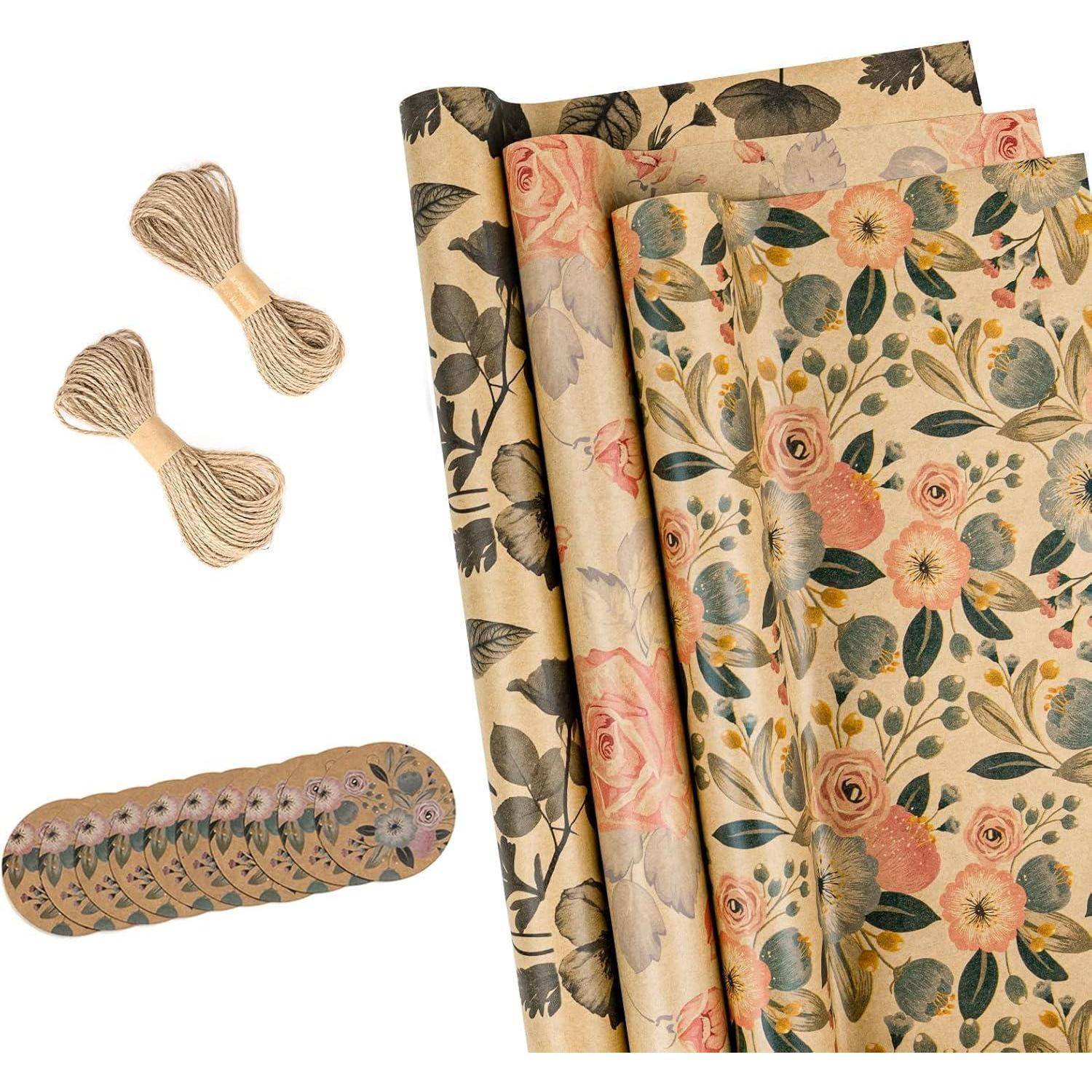 Geschenkpapierrollen Etikett Juteschnur 43cm 3m 3 Rollen Blumen