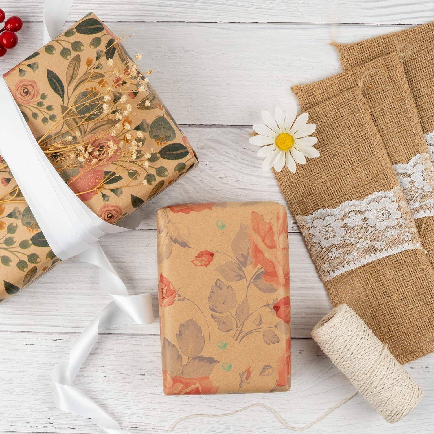 Geschenkpapierrollen Etikett Juteschnur 43cm 3m 3 Rollen Blumen