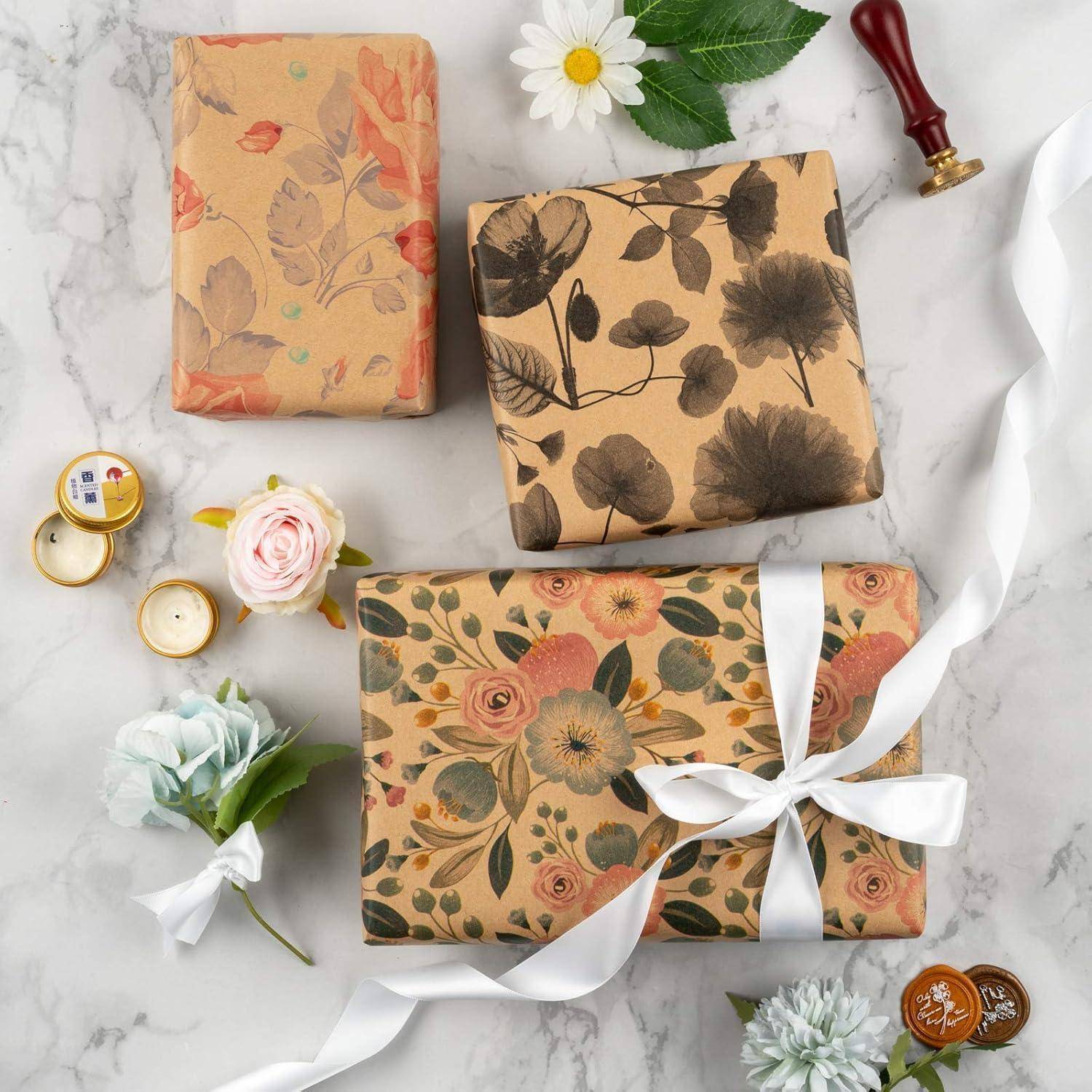 Geschenkpapierrollen Etikett Juteschnur 43cm 3m 3 Rollen Blumen