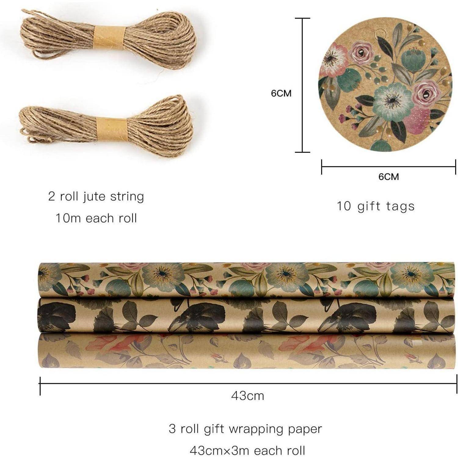 Geschenkpapierrollen Etikett Juteschnur 43cm 3m 3 Rollen Blumen