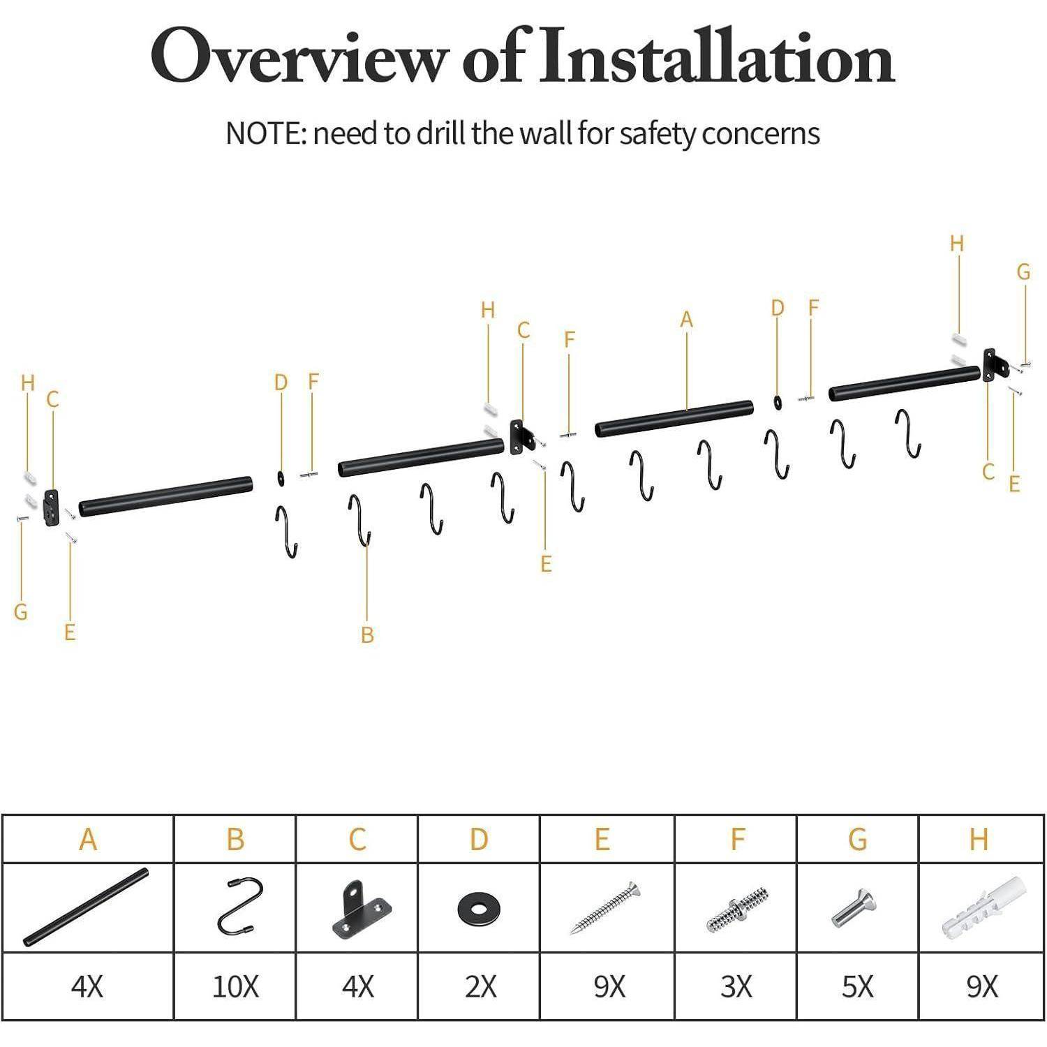 Küchenhalter 110cm Stahl 10 S Haken 2 stange k&amp;#xFC;chenutensilien