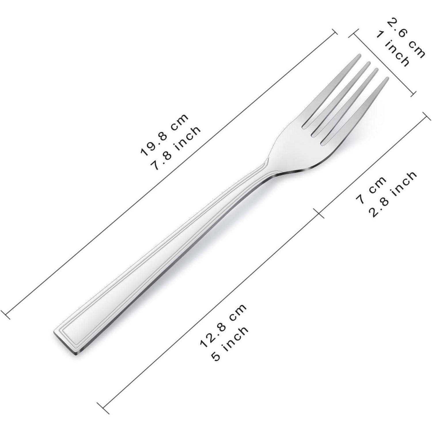 Eine Silbergabel wird mit Maßangaben dargestellt: 19,8 cm (7,8 Zoll) Länge, 2,6 cm (1 Zoll) Breite und 12,8 cm (5 Zoll) Grifflänge.