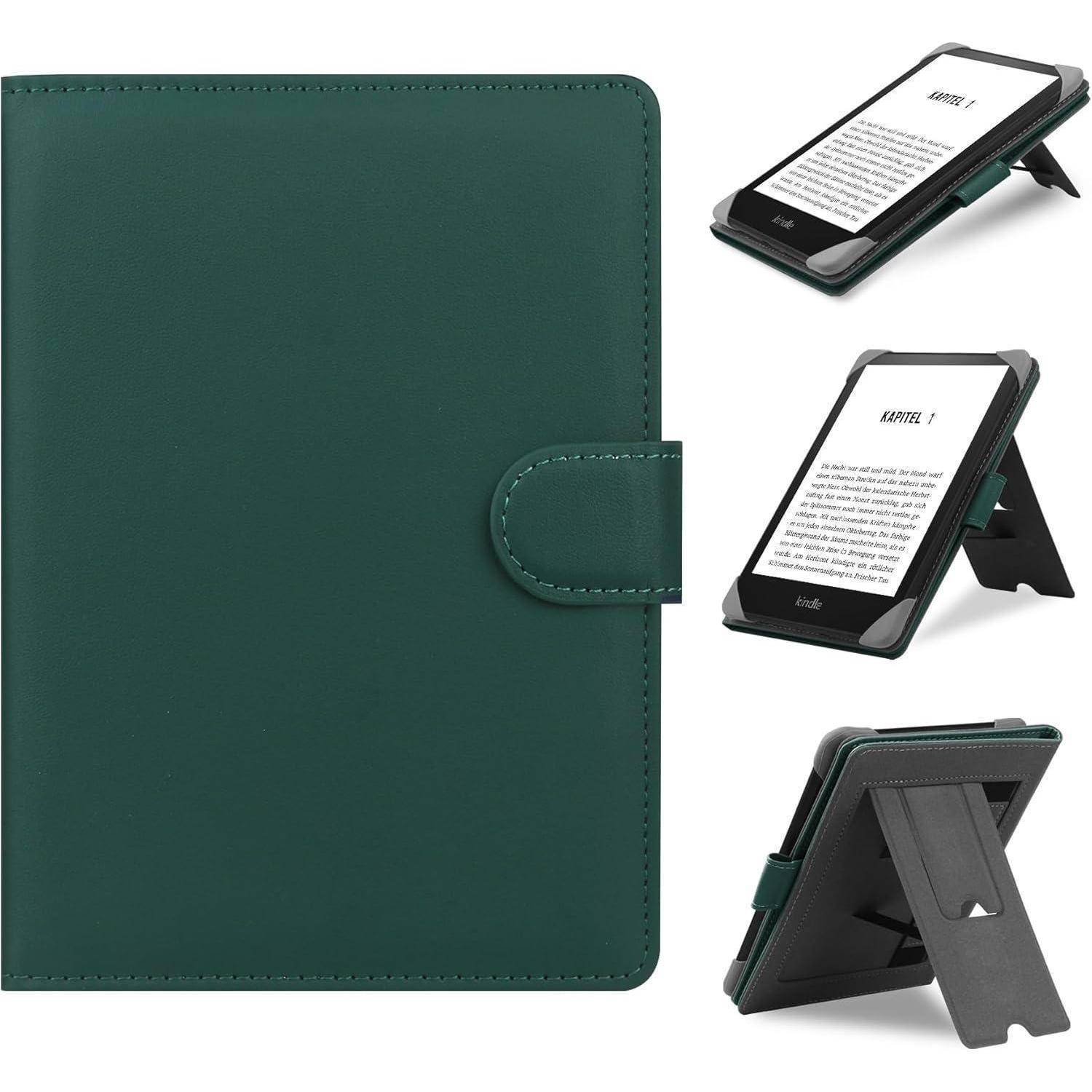 Grüne E-Reader-Hülle mit Ständerfunktion; zeigt E-Reader aufrecht stehend; bietet Schutzabdeckung und ermöglicht entspanntes Lesen ohne Hände.