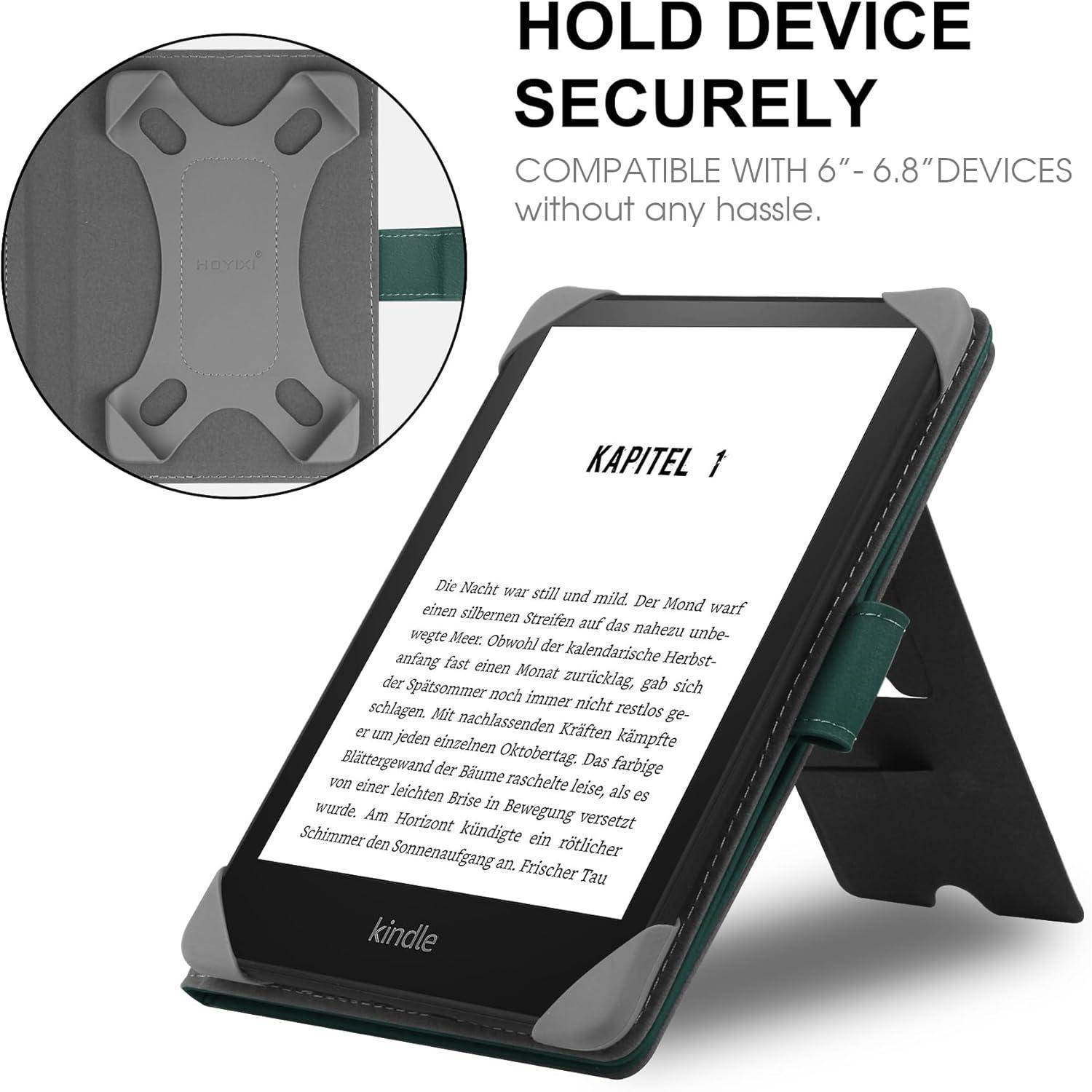 E-Reader in einem Schutzgehäuse, stehend auf einer ebenen Oberfläche. Textnotizen: 