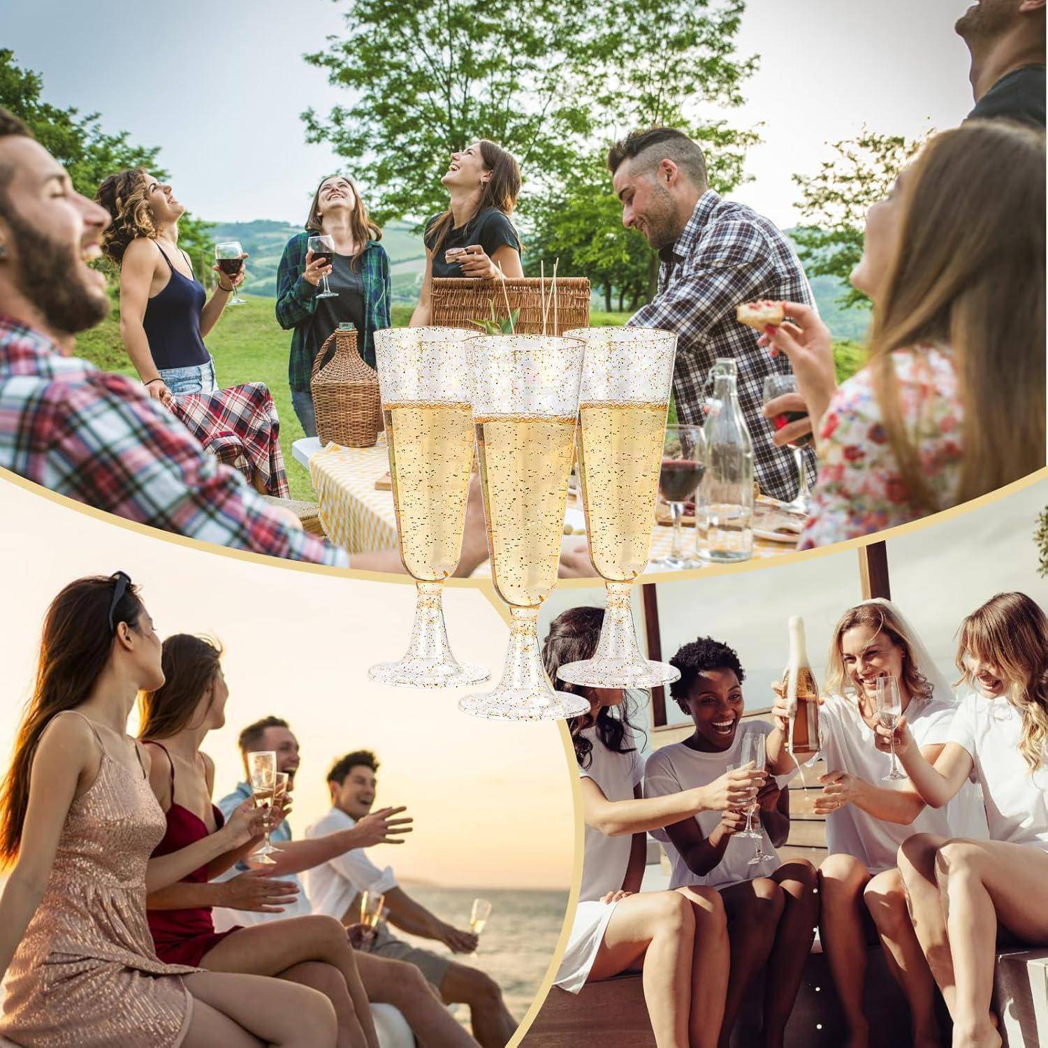 Menschen genießen gesellige Zusammenkünfte im Freien, halten Champagnergläser und feiern gemeinsam in einer entspannten, fröhlichen Atmosphäre.