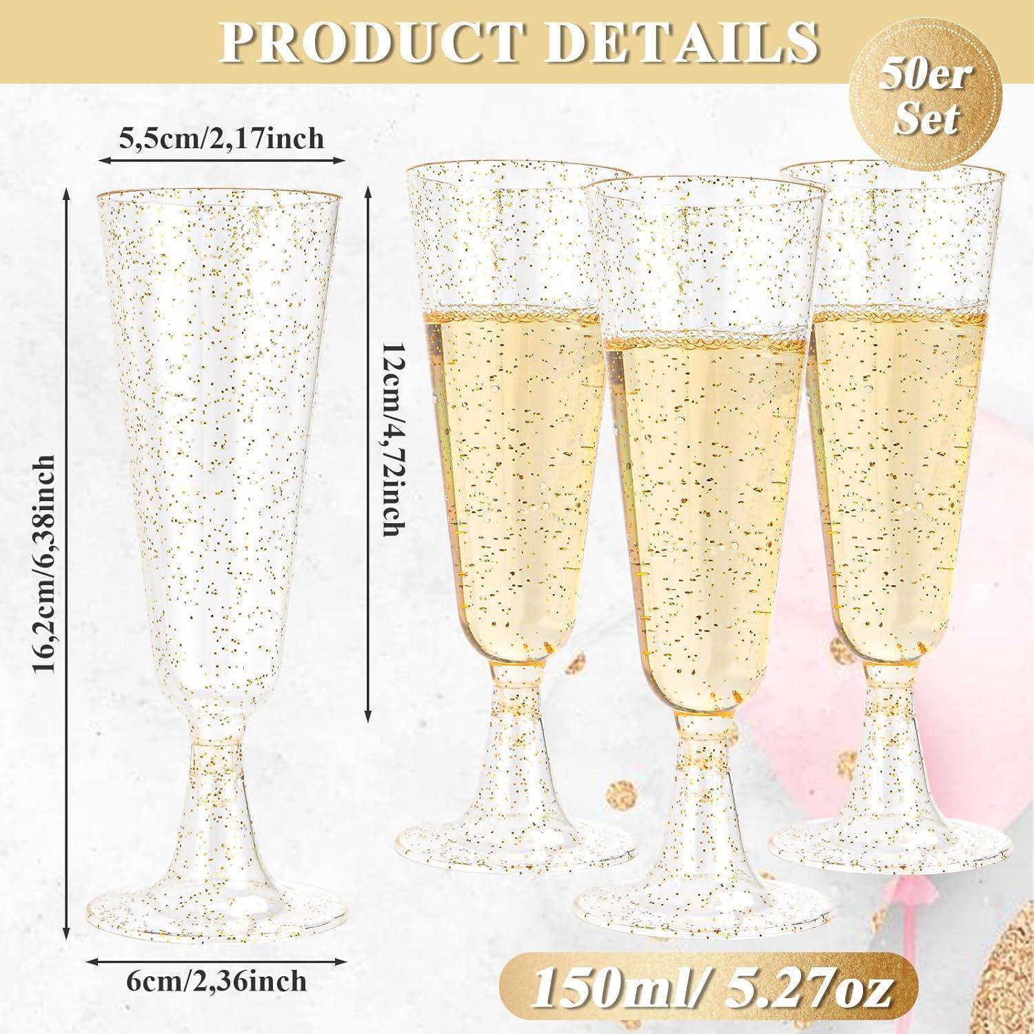 Produktdetails: Set mit 50 Sektgläsern, jeweils 16,2 cm hoch und 5,5 cm breit am oberen Rand, mit einem Fassungsvermögen von 150 ml (5,27 oz).