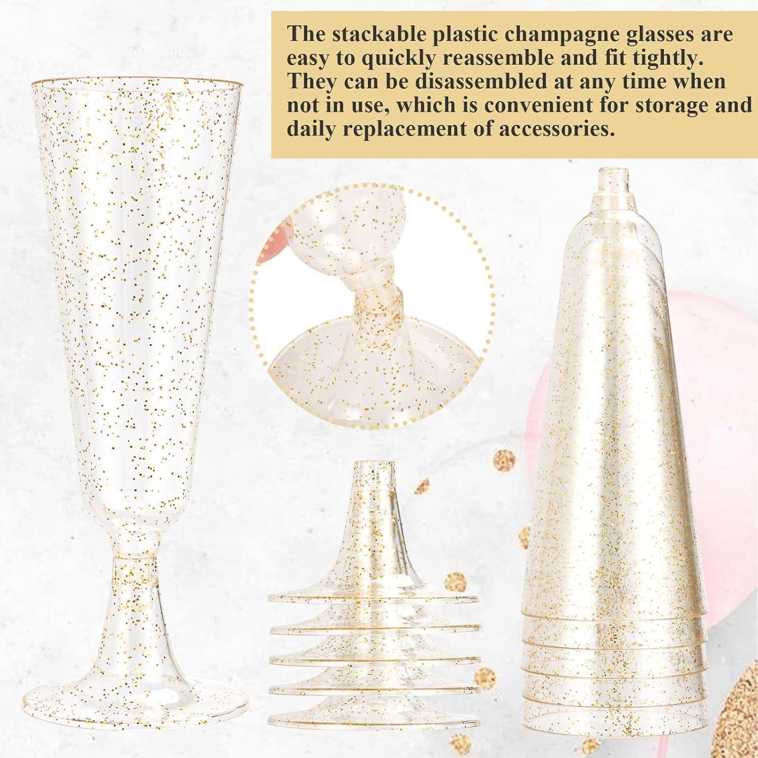 Stapelbare Plastik-Champagnergl√§ser mit Goldglitzer; einfach zu montieren, passen fest ineinander und lassen sich zur Aufbewahrung und zum Austausch auseinandernehmen.