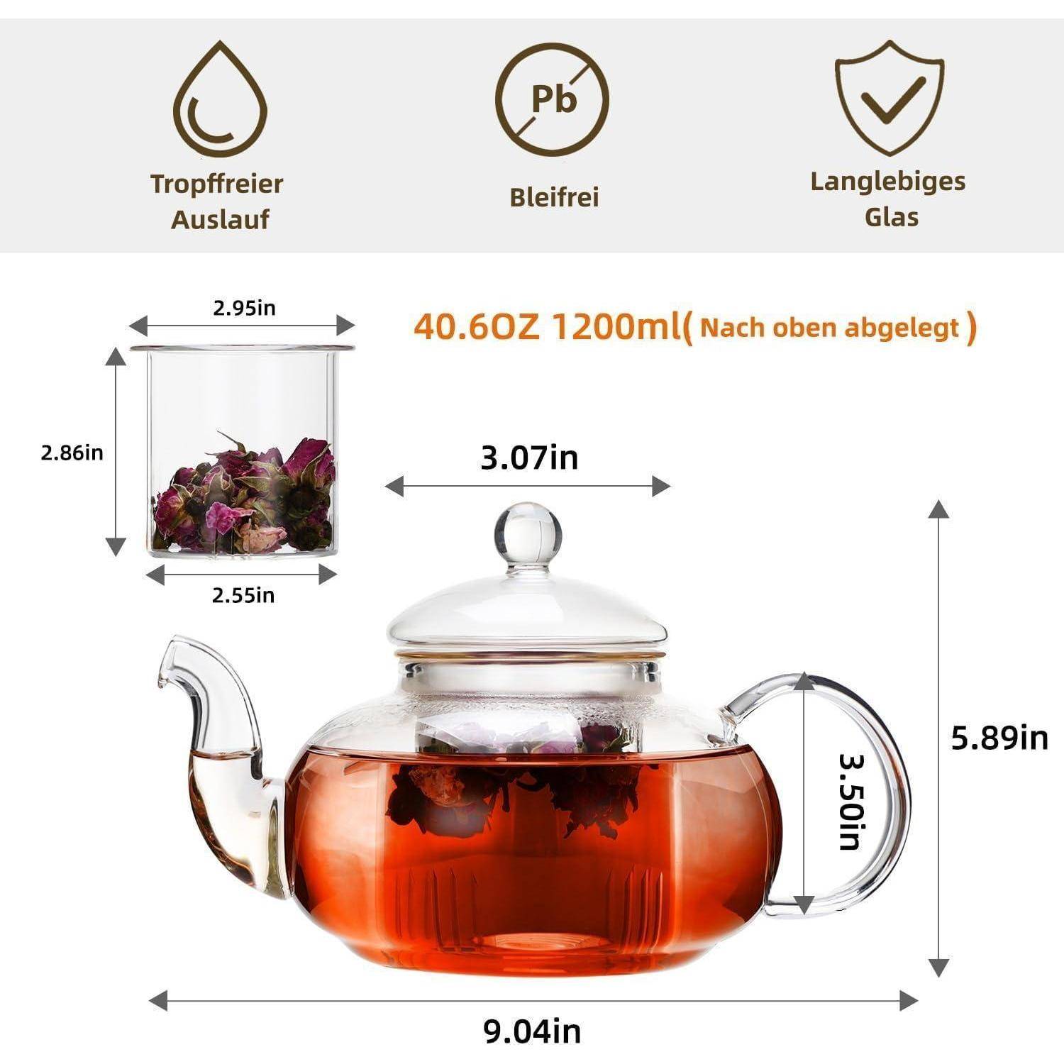 Teekanne Glas Siebeinsatz Herdplattensicher 1200ml 40.6 OZ