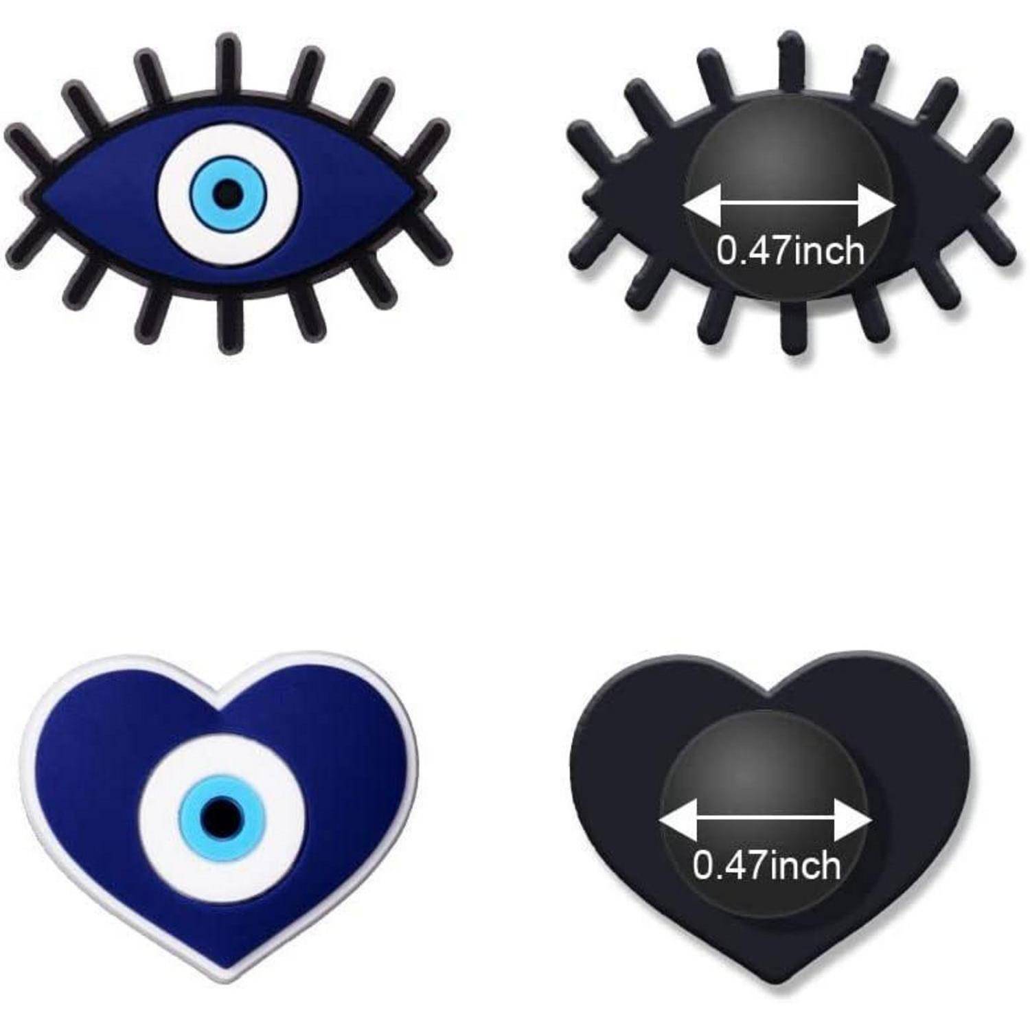 Vier Klebehaken in Augen- und Herzform, zwei mit einem blauen Nazar-Design und zwei mit Abmessungen von '0,47 Zoll'.