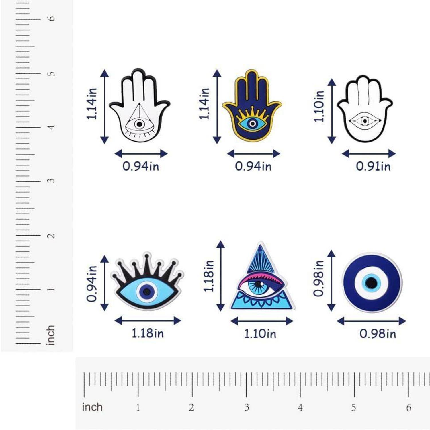 Sechs Designs von Augen-Stickern mit Abmessungen in Zoll: Hand mit Auge, stilisiertes Auge, dreieckiges Auge. Größen reichen von 0,9 Zoll bis 1,18 Zoll.