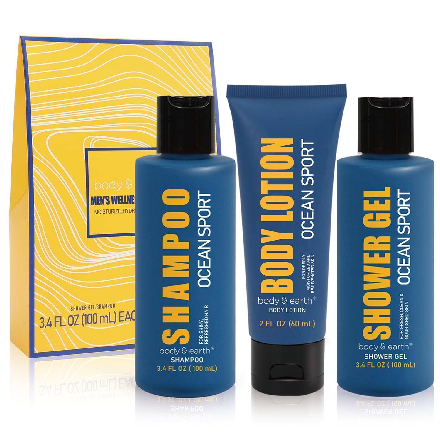 Geschenkset 'Body & Earth Männer-Wellness' mit Shampoo, Körperlotion und Duschgel im Duft 'Ocean Sport', in blauer Verpackung.