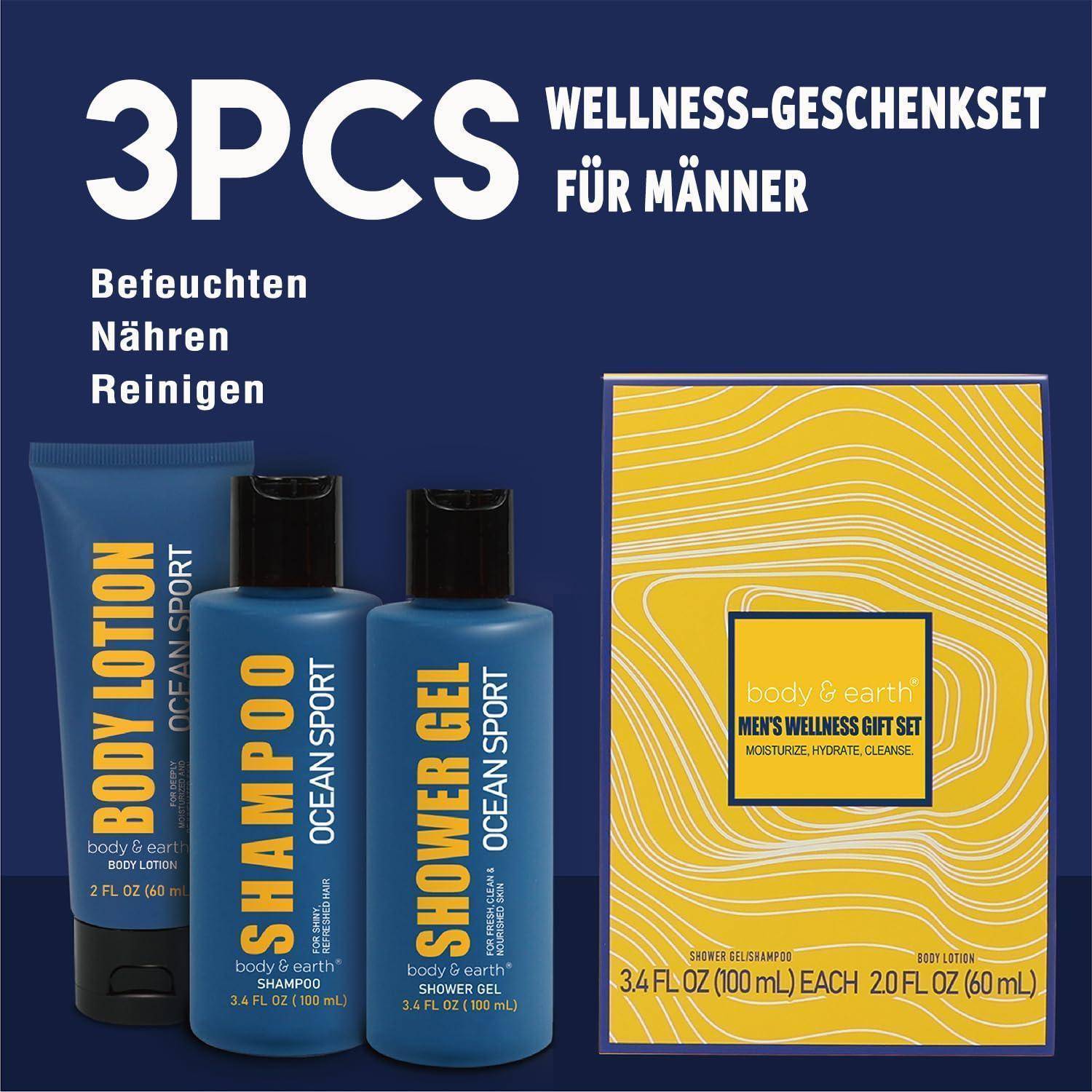 3-teiliges Wellness-Geschenkset für Männer' enthält Bodylotion, Shampoo-Gel und Geschenkbox. Fördert Feuchtigkeitspflege, Hydratation und Reinigung.