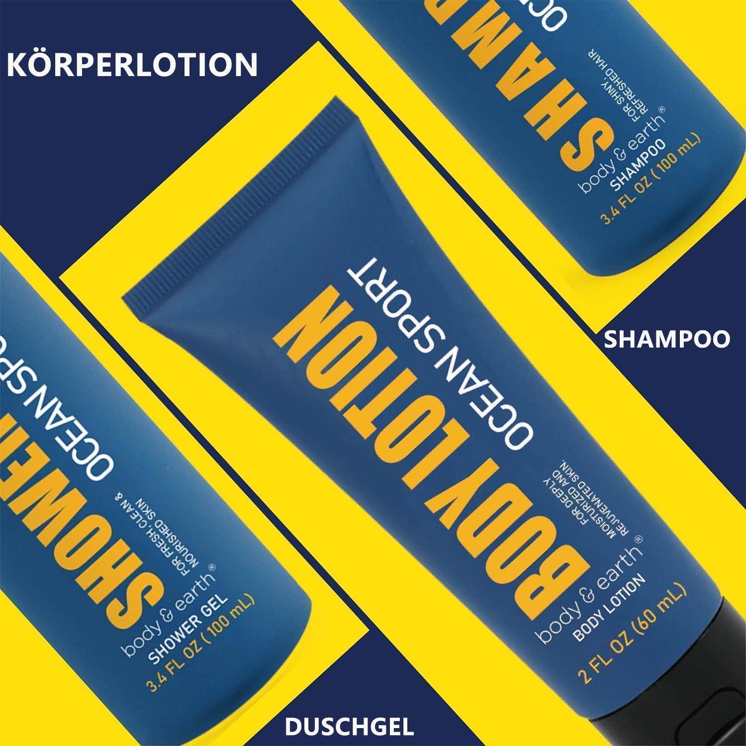 Eine Flasche und eine Tube mit der Aufschrift 'BODYLOTION' und 'SHAMPOO' mit der Markenbezeichnung 'OCEAN SPORT', diagonal angeordnet auf einem blau-gelben Hintergrund.