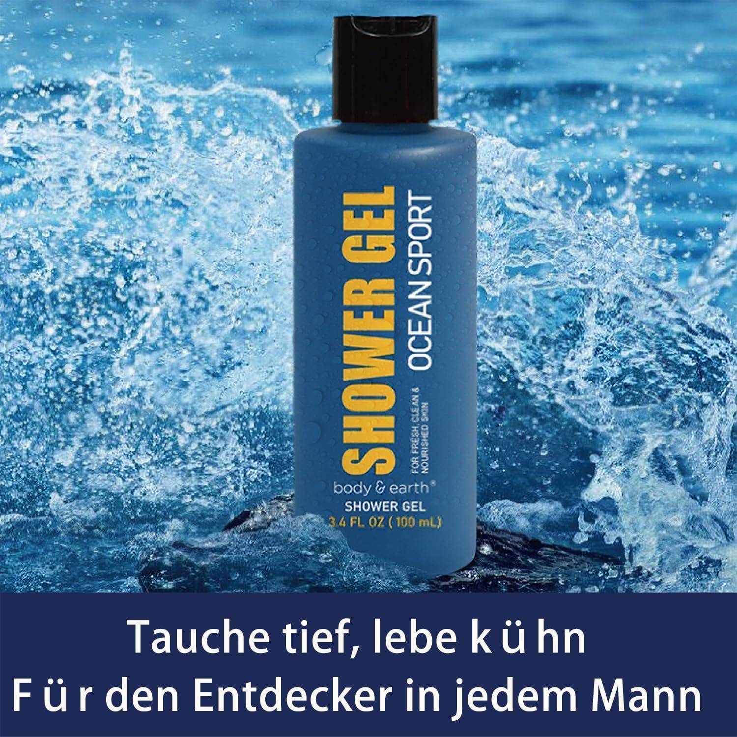 Eine blaue Flasche mit der Aufschrift ‚Shower Gel Ocean Sport' steht vor einem Wasserschwall, mit deutschem Text, der zu mutiger Erkundung anregt.