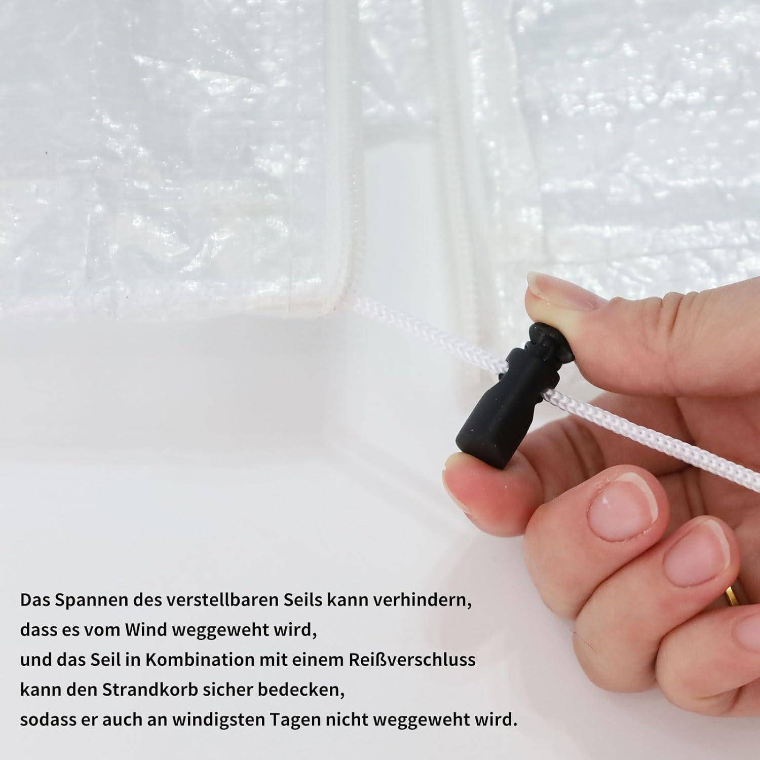 Eine Hand bindet ein weißes Seil mit einer schwarzen Klemme vor einem weißen Hintergrund. Deutscher Text wird unten angezeigt.
