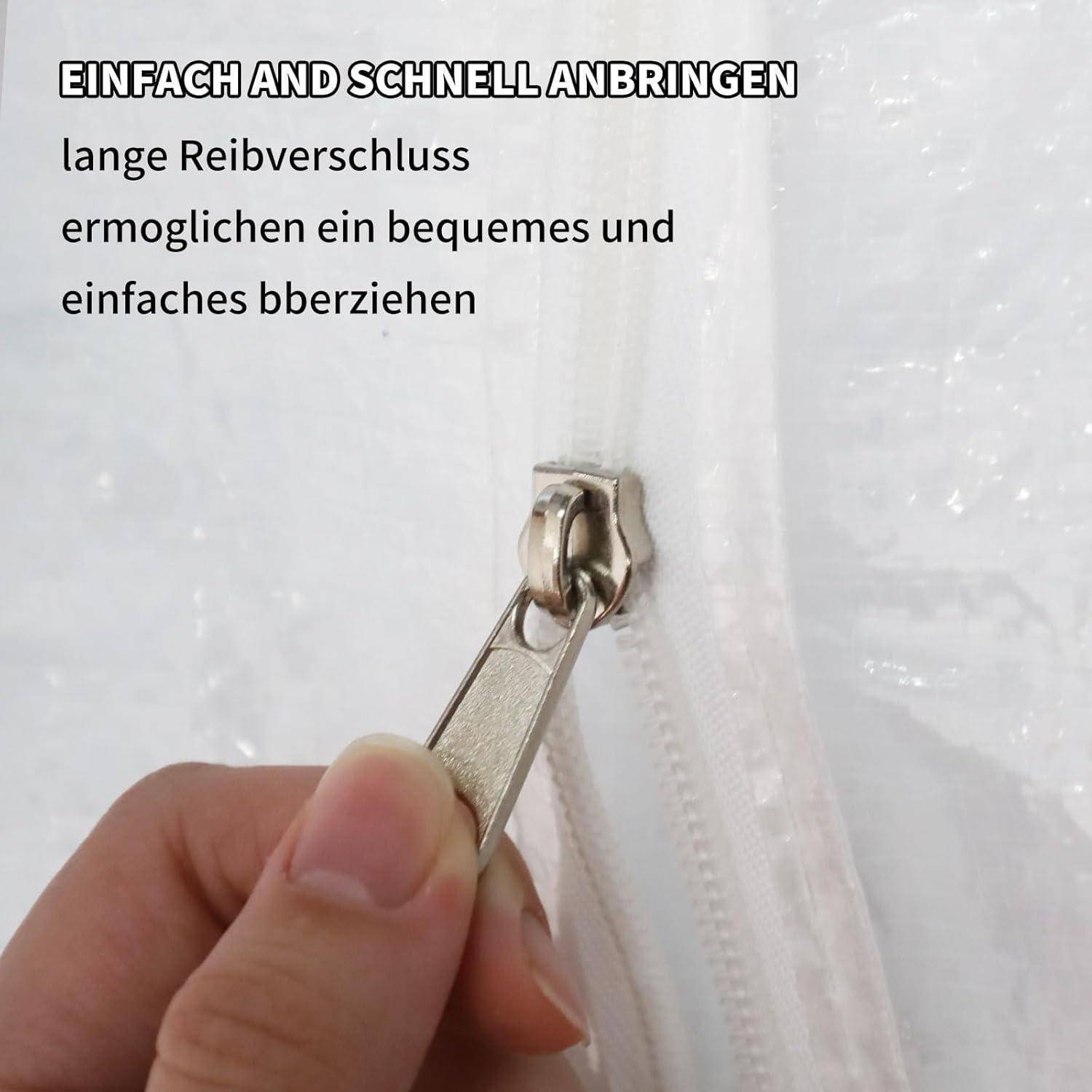 Einfach und schnell anbringen. Langer Reißverschluss ermöglicht ein bequemes und einfaches Überziehen. Eine Hand zieht einen Reißverschluss.