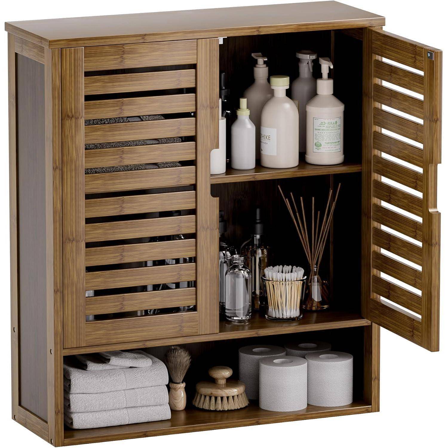 Badezimmerschrank Wandmontage Bambus Toilette Türen Regale Walnuss