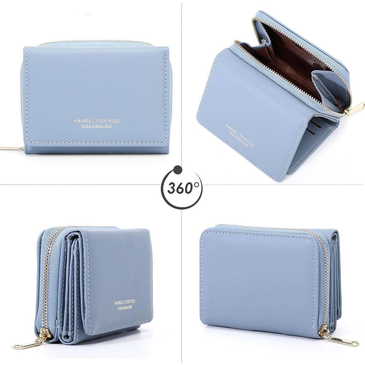 Geldbörse Mini Damen Leder Großkapazität Fächer Blau
