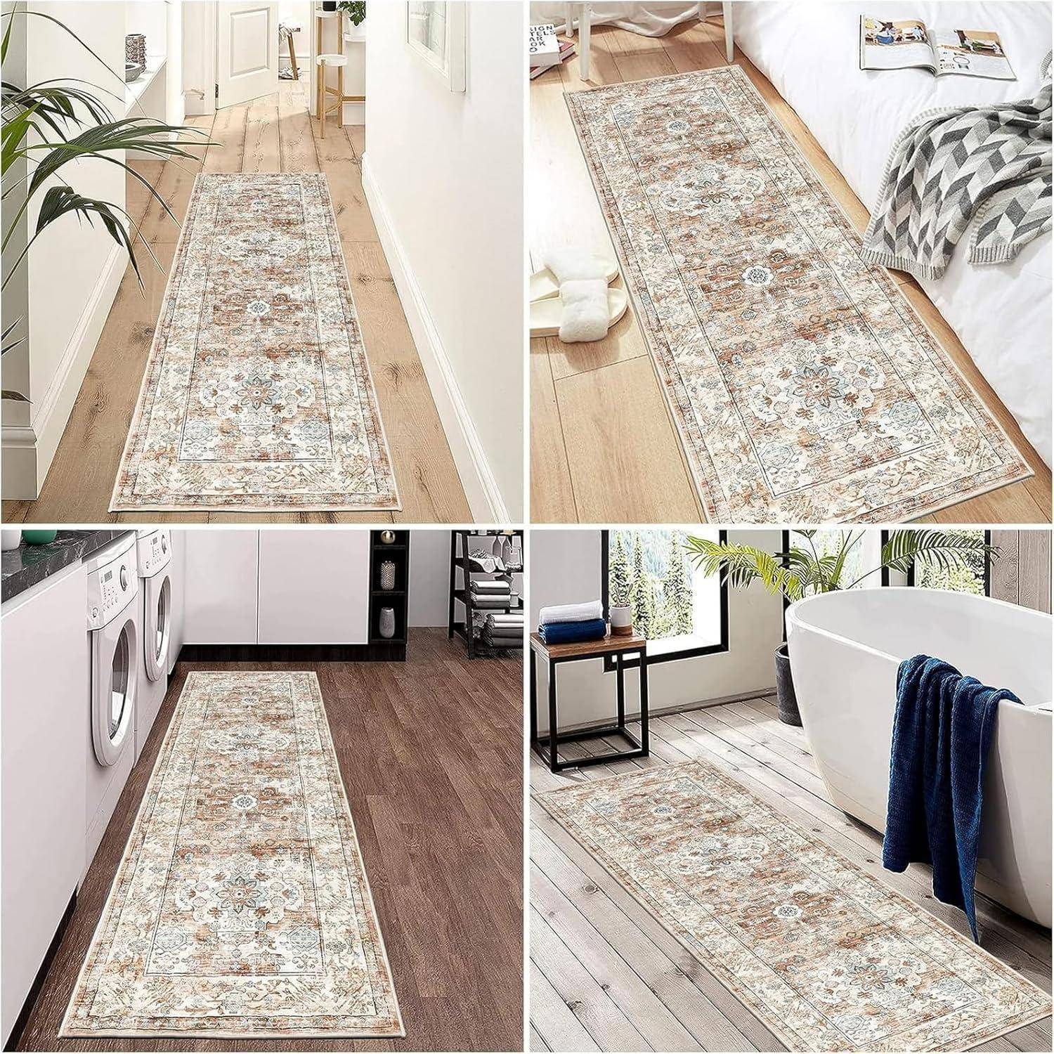 Teppich Läufer rutschfest maschinenwaschbar Cremefarben 60 x 180 cm