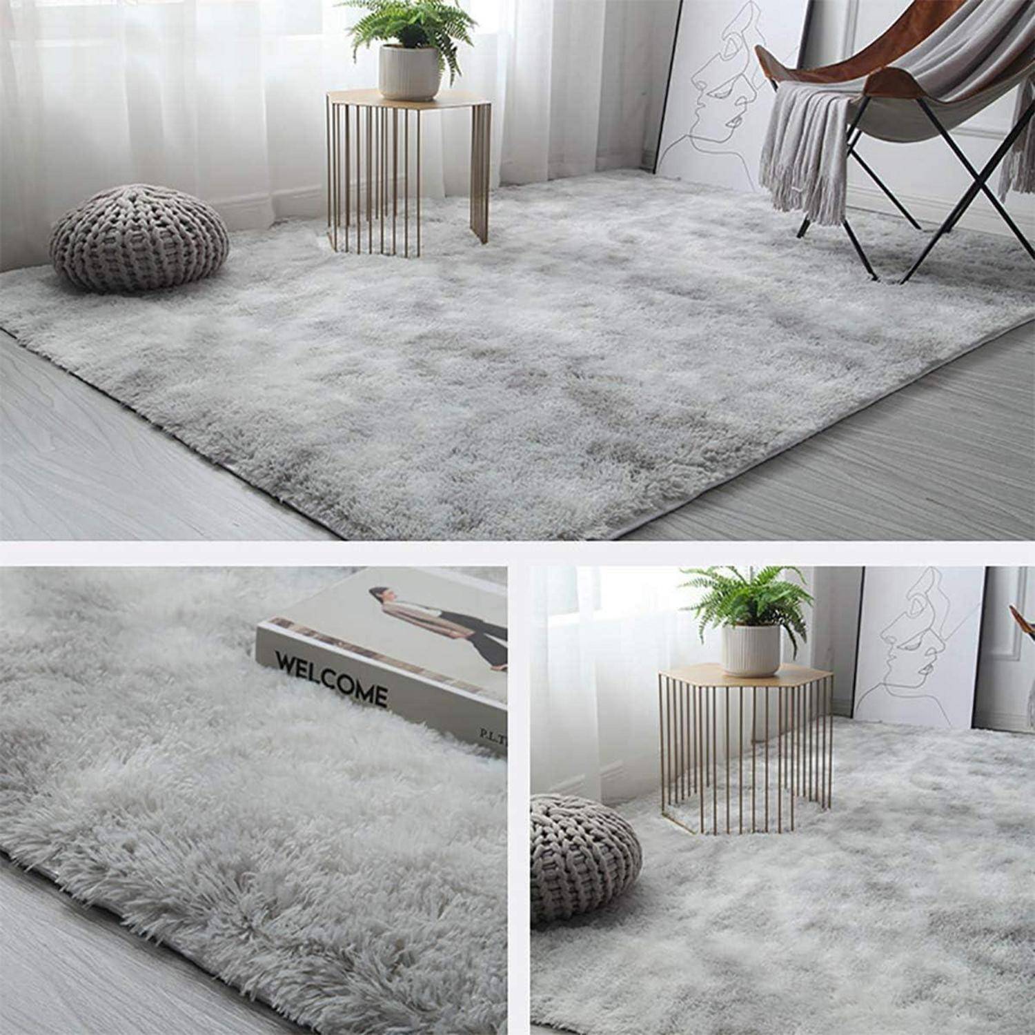 Raum mit einem grauen Teppich, rundem Holztisch, Pflanze, Stuhl und neutraler Dekoration, der eine moderne, gemütliche Atmosphäre schafft.