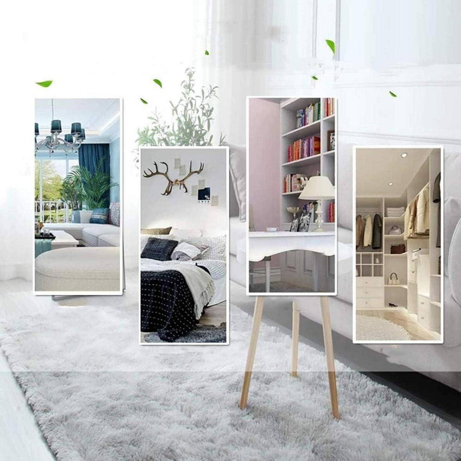 Eine Collage von vier Innenraumdesigns, die ein Wohnzimmer, Schlafzimmer, Arbeitszimmer und einen begehbaren Kleiderschrank mit modernem Dekor präsentieren.