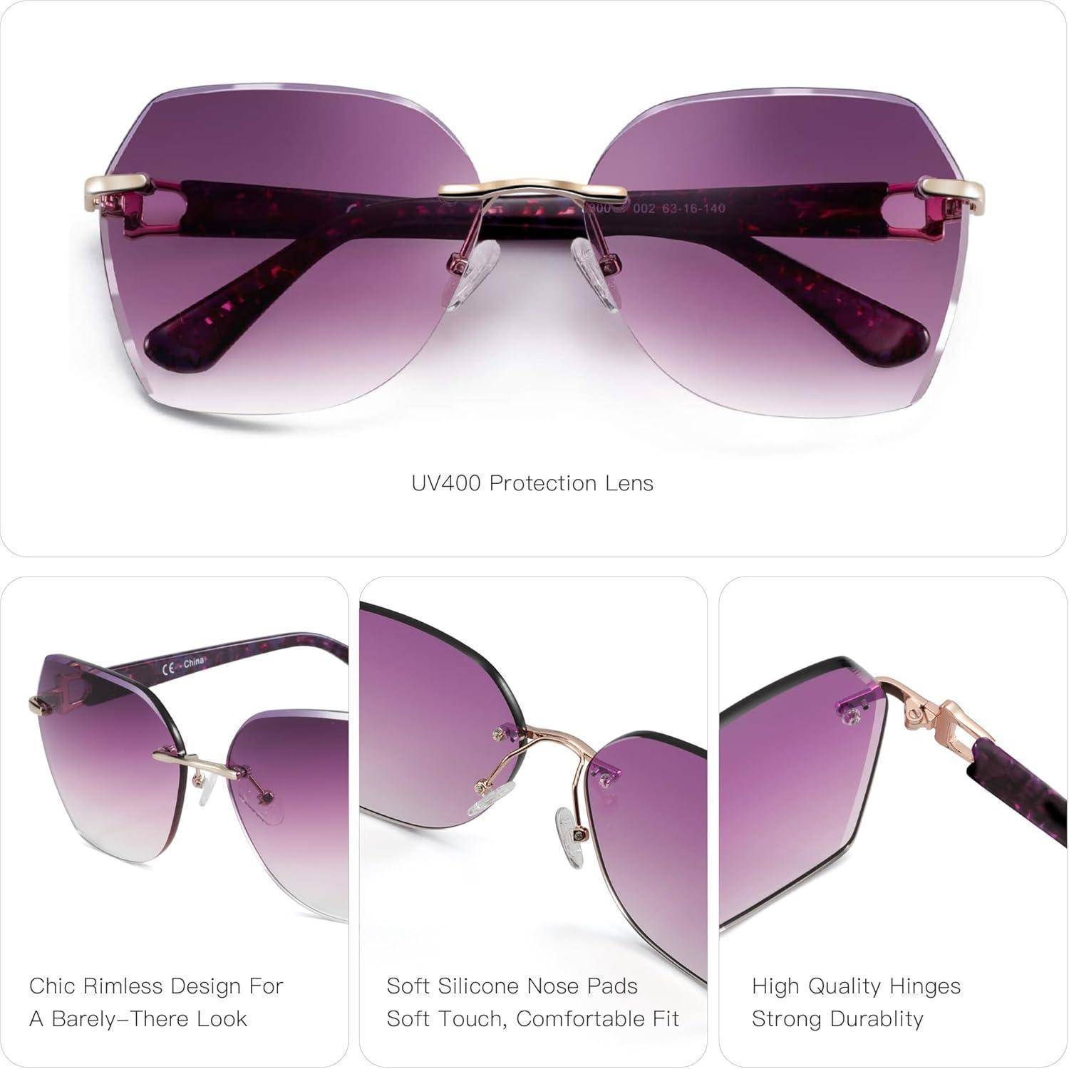 Sonnenbrille Randlos Damen Übergroß Verlaufsglas UV Schutz Lila