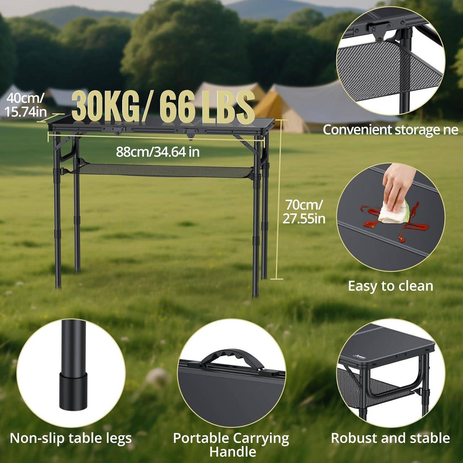 Campingtisch klappbar Alu 88x40cm höhenverstellbar Ganz Schwarz