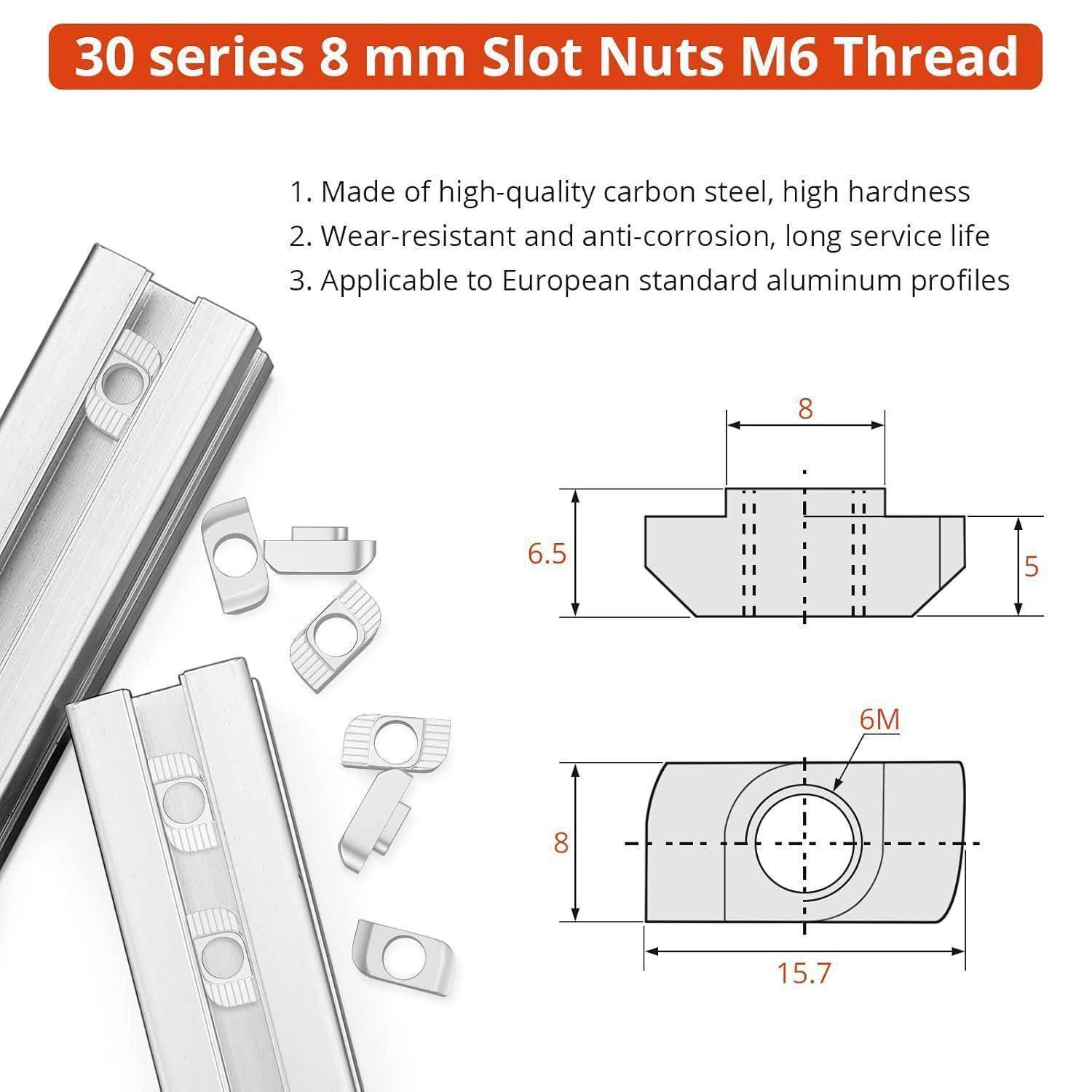 30er Serie 8 mm Schlitzmuttern M6 Gewinde' mit einer Abbildung der Abmessungen und Spezifikationen für europäische Standard-Aluminiumprofile.