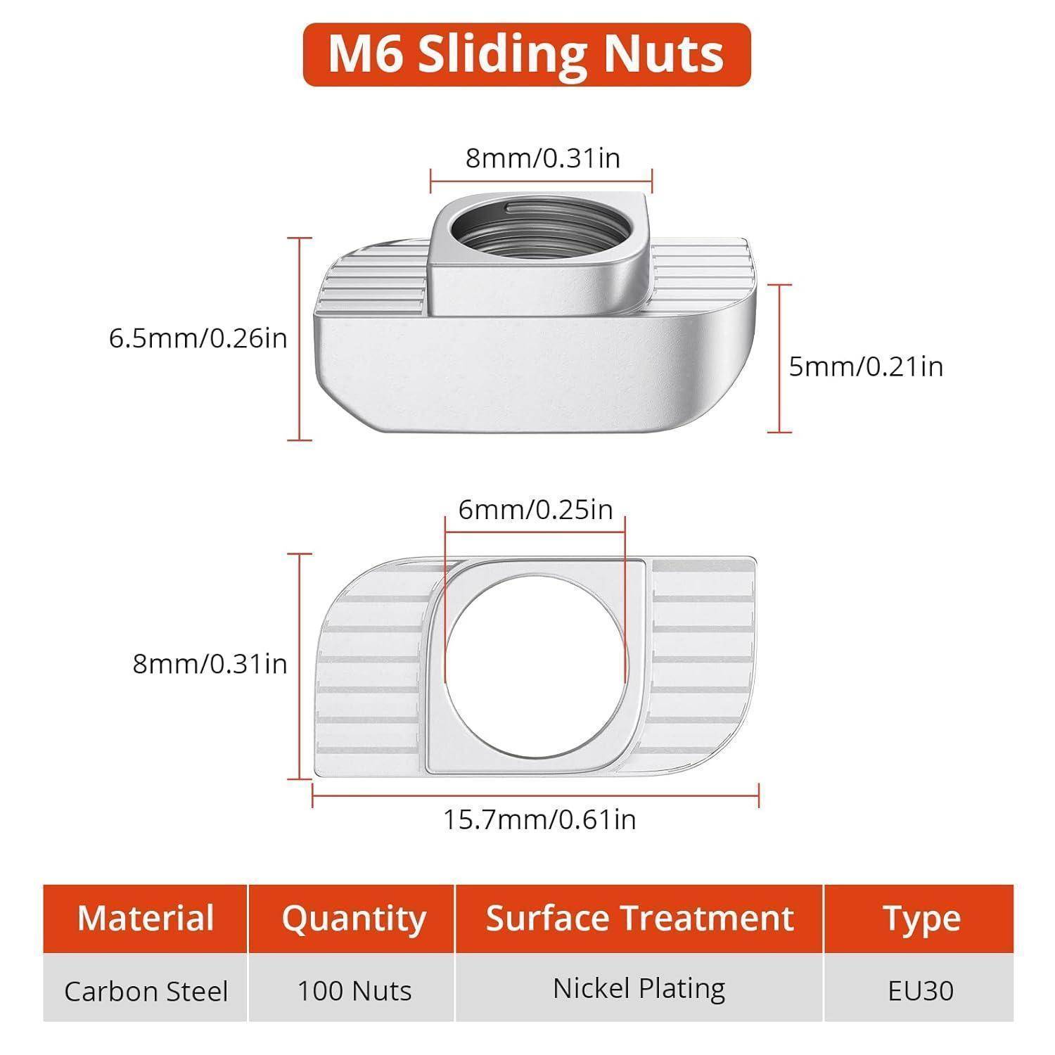 Diagramm der M6 Gleitnuss Abmessungen: 8 mm Breite, 6,5 mm Höhe und 5 mm Tiefe. Satz von 100 Kohlenstoffstahl-Muttern mit Vernicklung, Typ EU30.