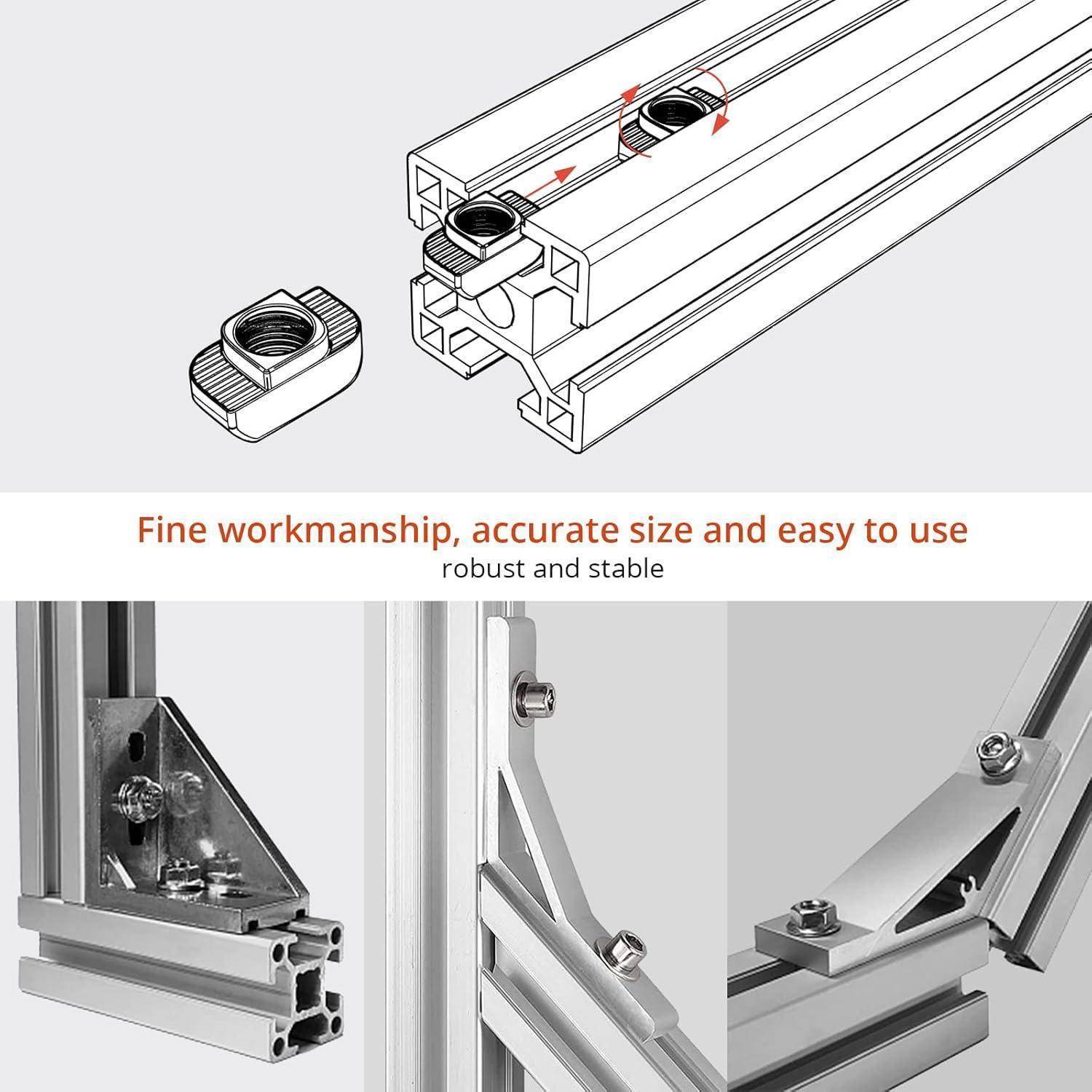 Aluminium-Extrusionsprofile mit Verbindern, Detail von Eckverbindungen. Text: Feine Verarbeitung, präzise Größe, robust und stabil.