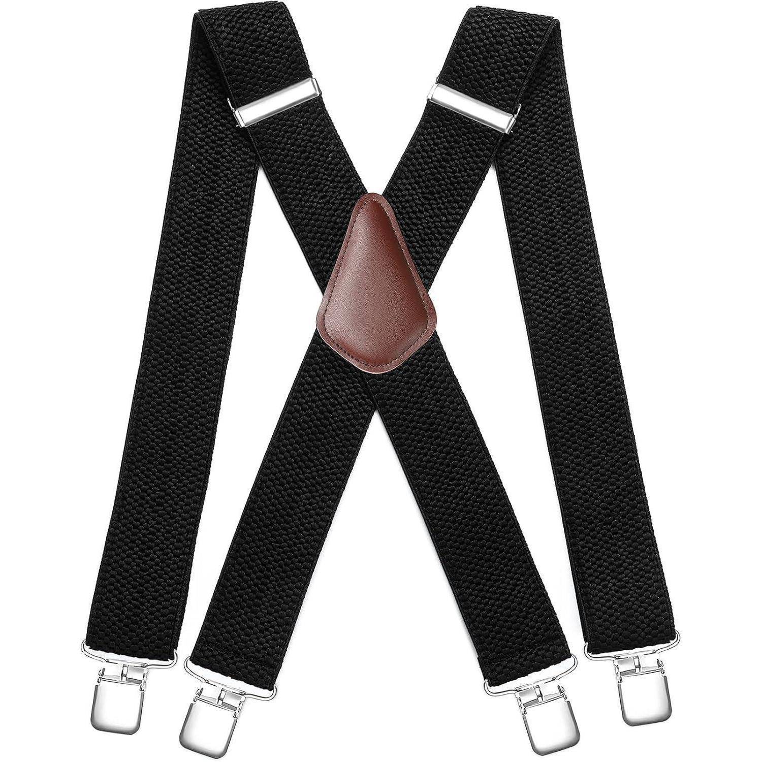 Schwarze Hosenträger mit silbernen Clips und einem braunen Leder-Rückenpatch, entwickelt, um Hosen durch Befestigung am Hosenbund zu halten.