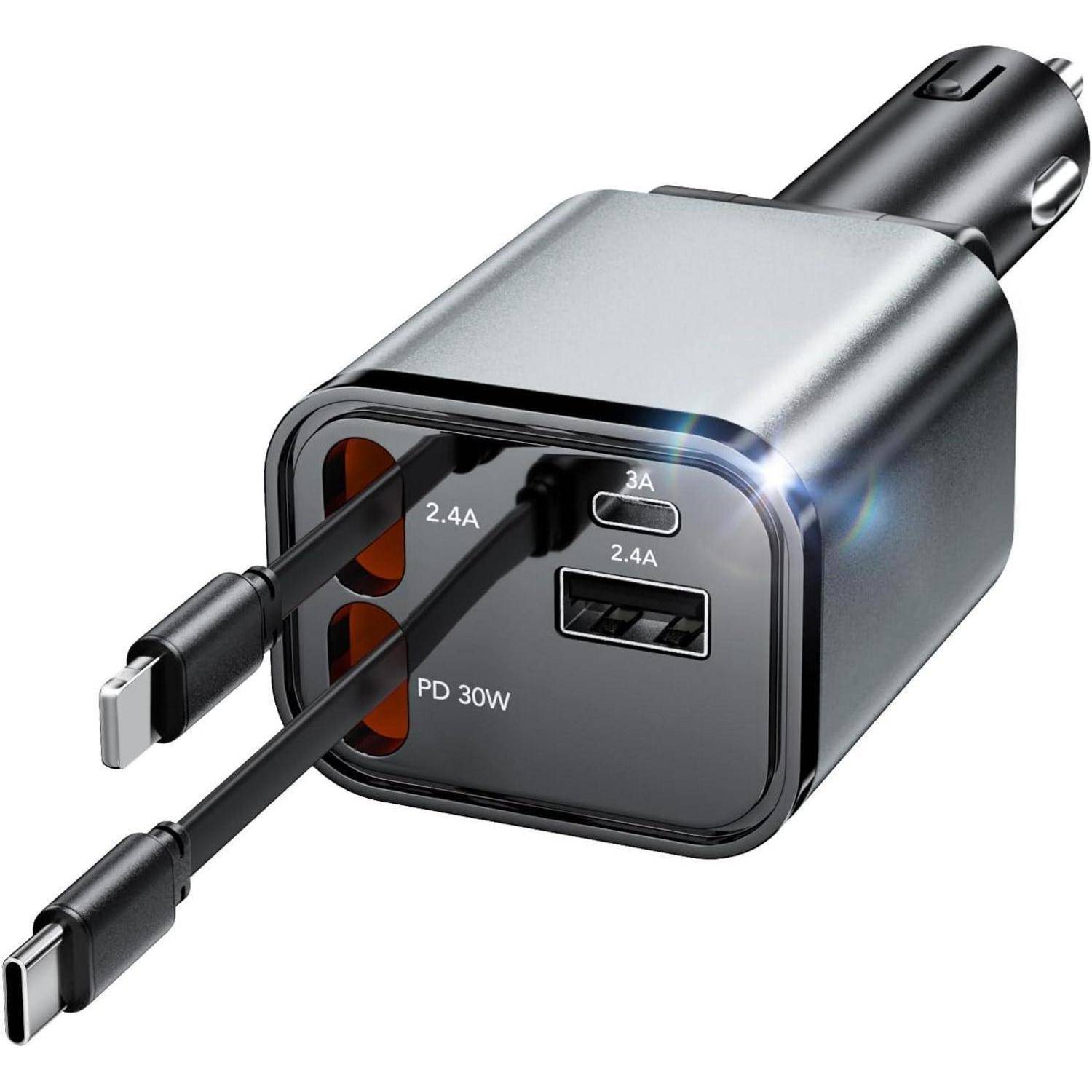 KFZ Ladegerät Einziehbares 69W USB C Kabel für Apple + Typ-C-Anschluss