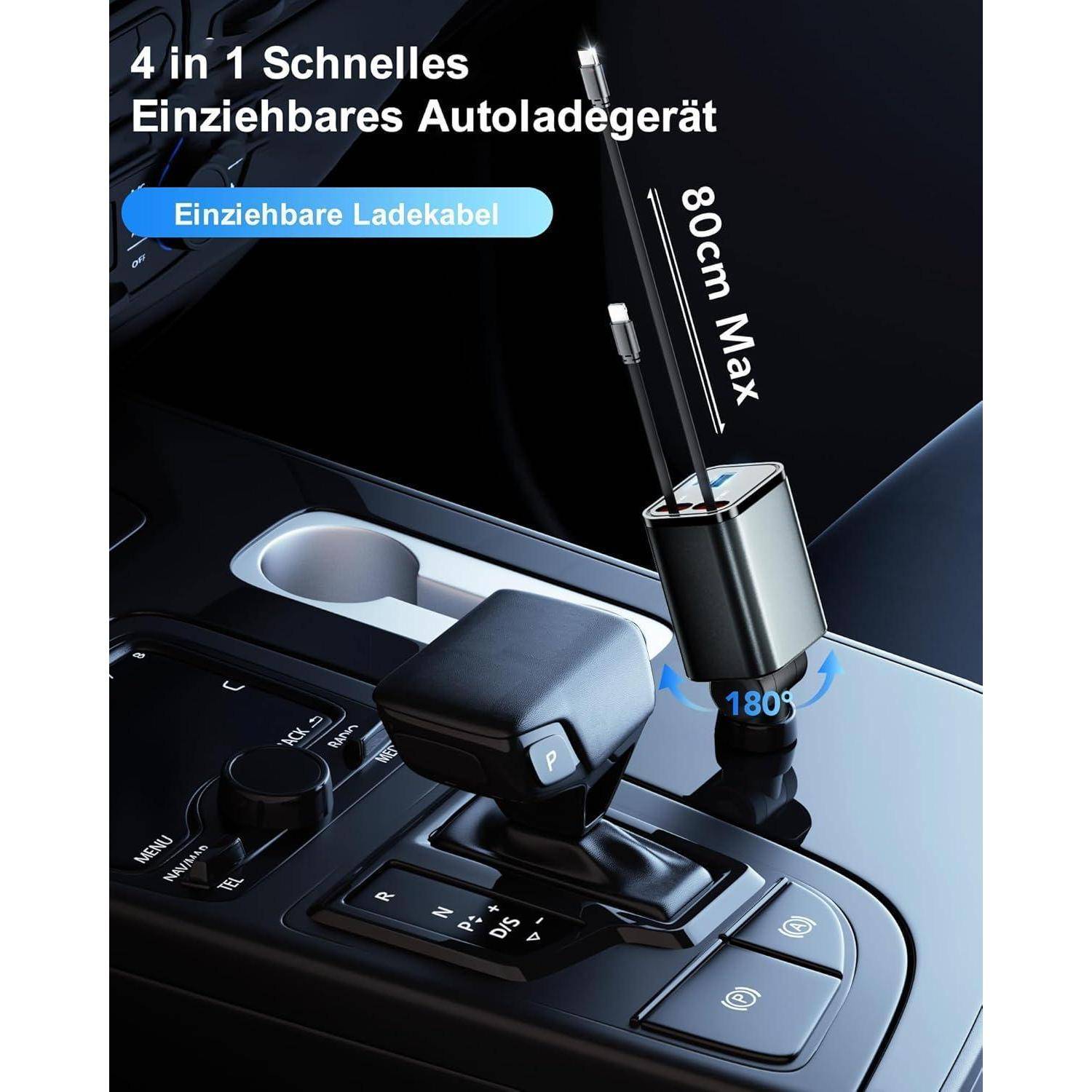 KFZ Ladegerät Einziehbares 69W USB C Kabel für Apple + Typ-C-Anschluss