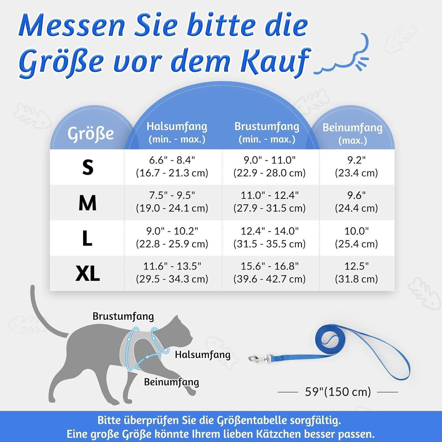Katzengeschirr Set ausbruchsicher verstellbar S (1er Pack) Blau