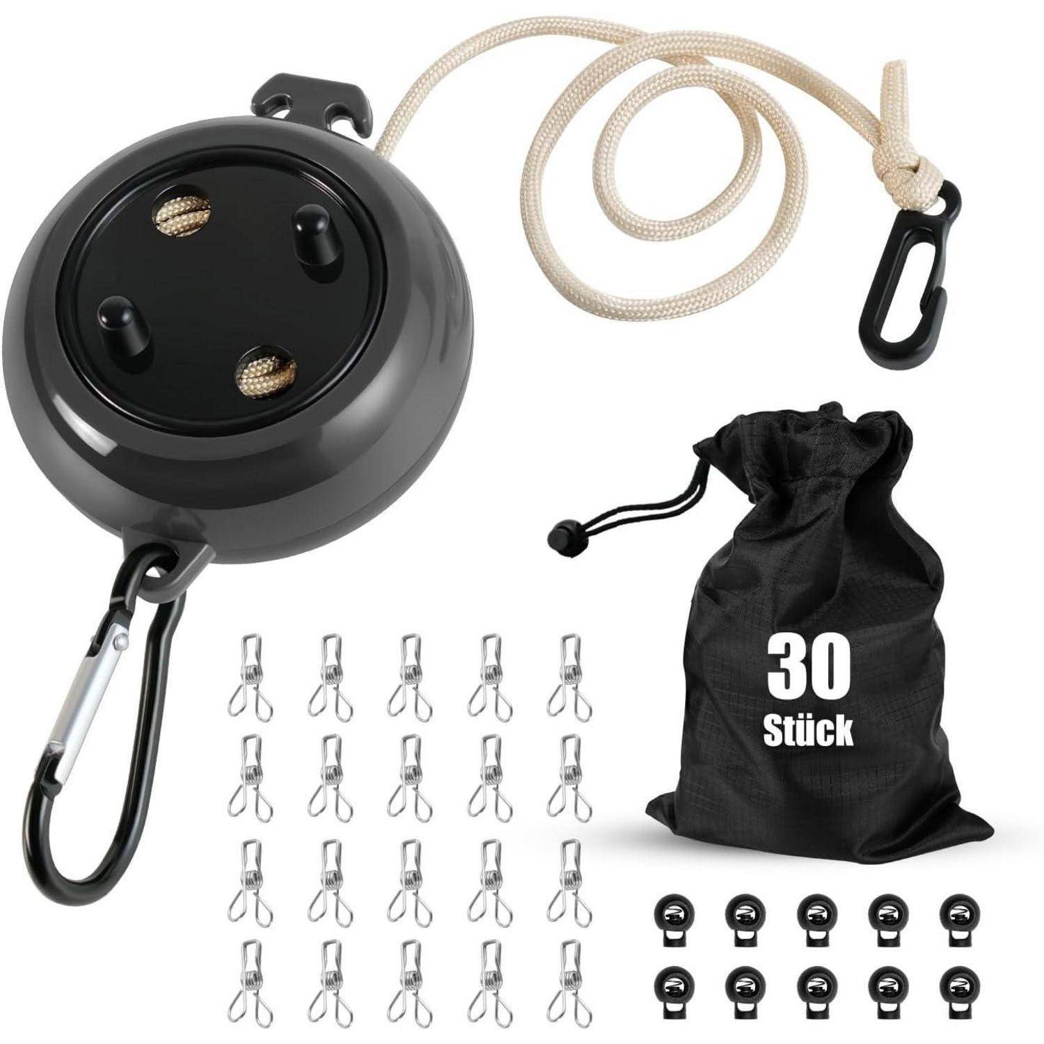 Wäscheleine ausziehbar 10m tragbar Camping Outdoor Garten Schwarz