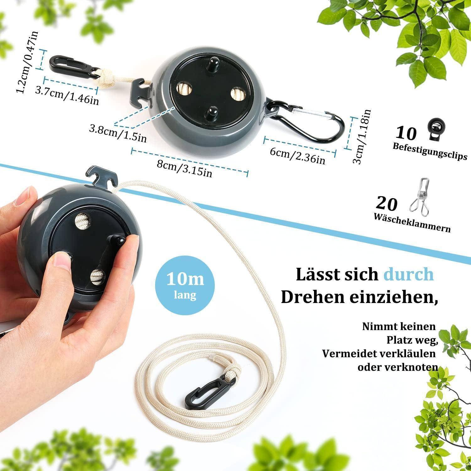 Wäscheleine ausziehbar 10m tragbar Camping Outdoor Garten Schwarz