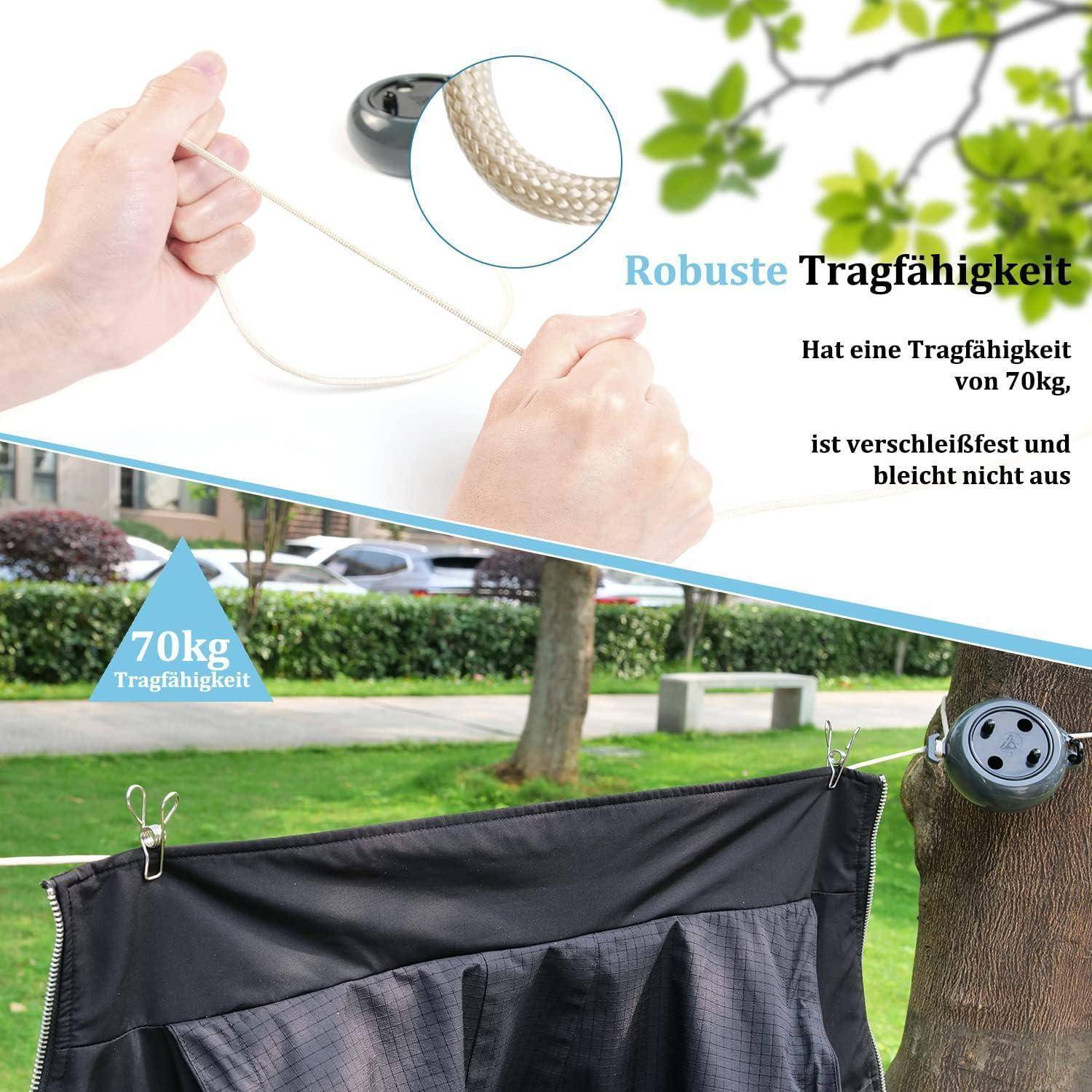 Wäscheleine ausziehbar 10m tragbar Camping Outdoor Garten Schwarz
