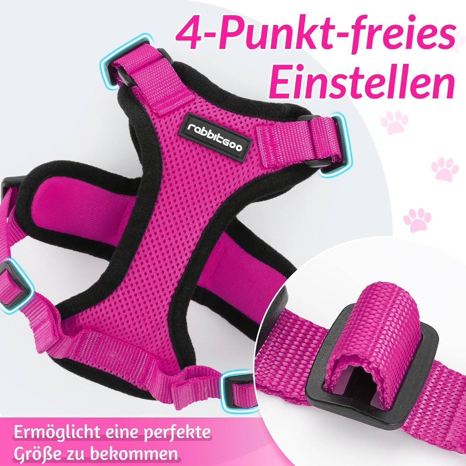 Rosa Haustier-Geschirr mit '4-Punkt-freies Einstellen' Text, das verstellbare Gurte für eine perfekte Passform zeigt und Benutzerfreundlichkeit und Komfort hervorhebt.