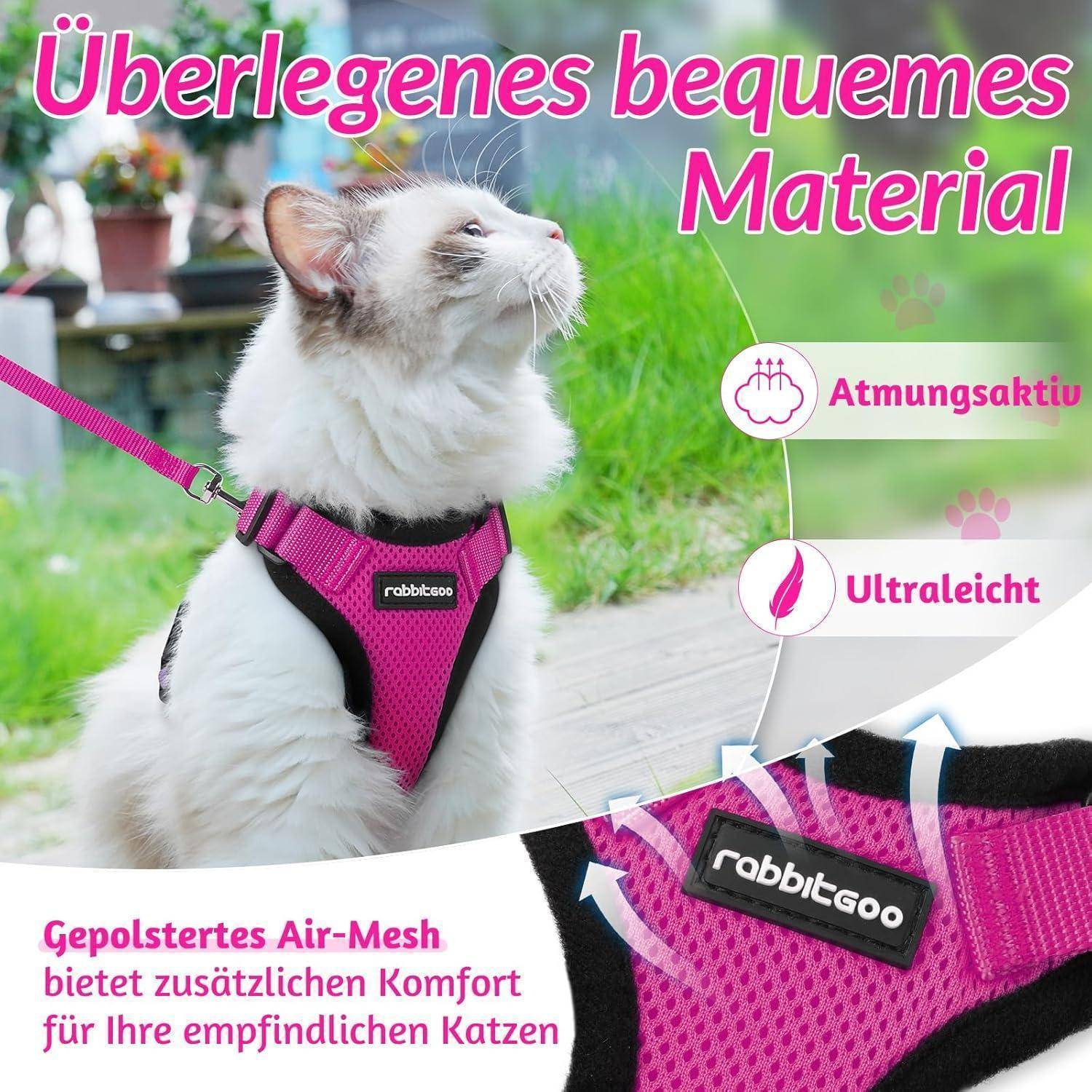 Eine flauschige weiße Katze, die ein rosa-schwarzes Geschirr trägt. Texthervorhebungen zeigen die Eigenschaften des Geschirrs: atmungsaktiv, ultraleicht, gepolstert mit Air-Mesh für zusätzlichen Komfort bei empfindlichen Katzen.