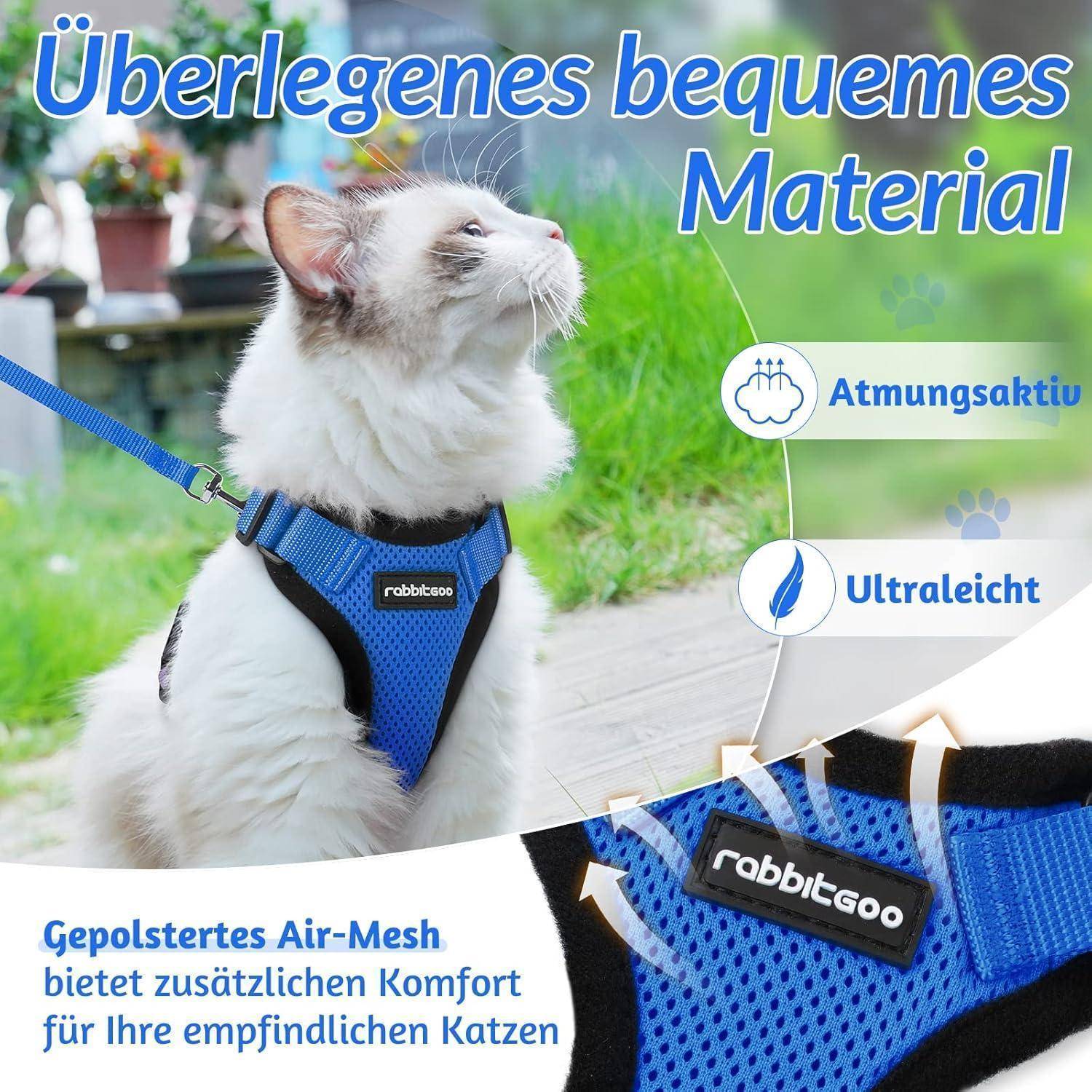 Eine Katze mit einem blauen, atmungsaktiven und ultraleichten Geschirr mit hervorgehobenen Merkmalen. Text auf Deutsch bewirbt Komfort für empfindliche Katzen.