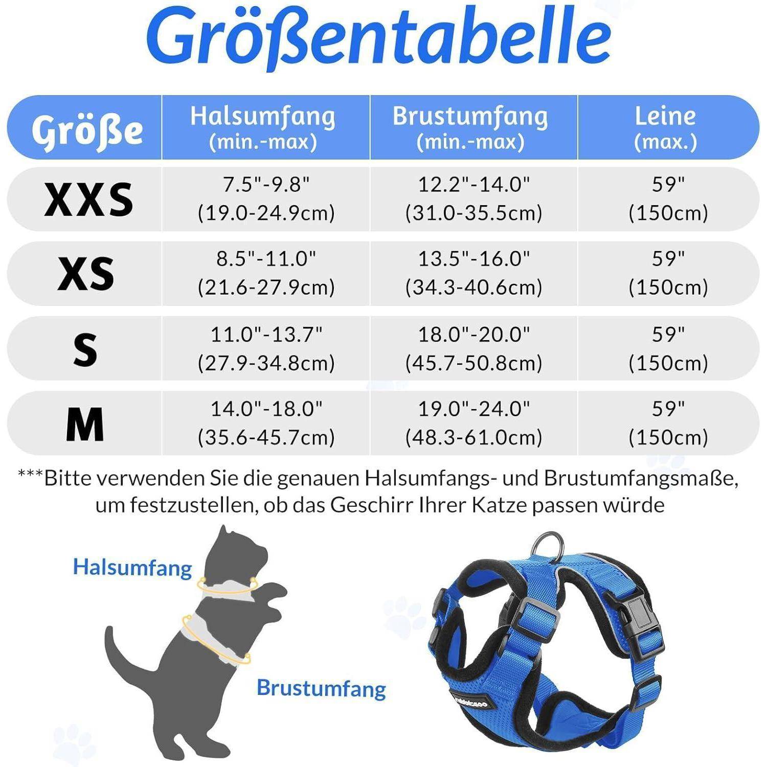 Größentabelle für Haustier-Geschirr: XXS, XS, S, M. Aufgelistet sind Hals- und Brustumfang sowie eine feste Leinenlänge von 59