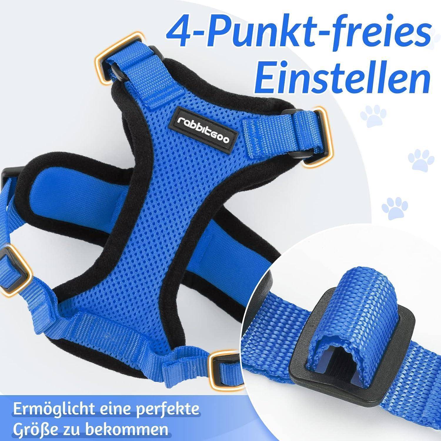Blauer Hundegeschirr mit verstellbaren Riemen und schwarzer Einfassung, mit '4-Punkt-freies Einstellen' gekennzeichnet, für eine maßgeschneiderte Passform konzipiert.