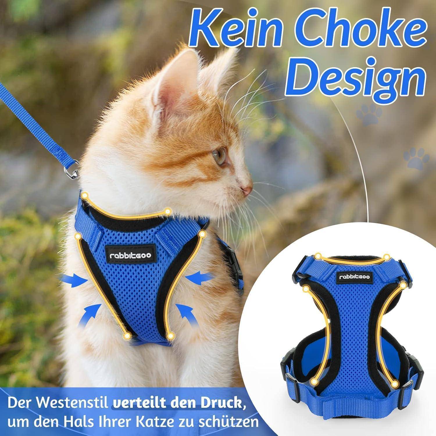 Eine Katze mit einem blauen Geschirr mit gelben Kanten im Freien. Der Text hebt 'Kein Würgedesign' hervor, mit einer Nahaufnahme des Geschirr-Designs darunter.