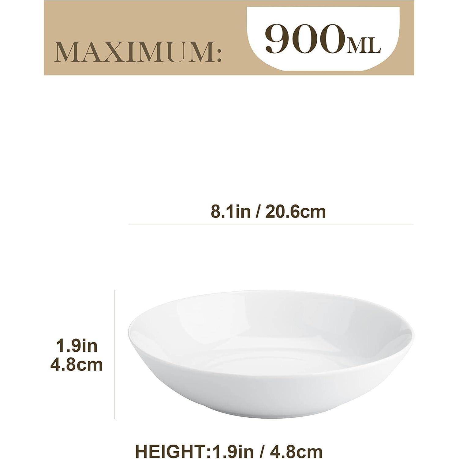 Eine weiße Schüssel wird mit ihren Abmessungen vorgestellt: ein maximales Fassungsvermögen von 900 ml, eine Breite von 8,1 Zoll (20,6 cm) und eine Höhe von 1,9 Zoll (4,8 cm).