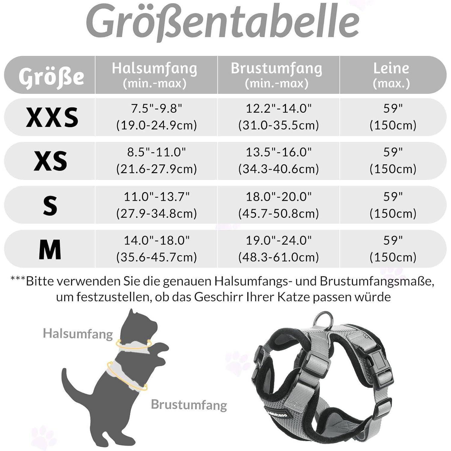 Größentabelle für Katzengeschirr: XXS, XS, S, M Größen. Zeigt Messungen für halben Halsumfang, Brustumfang und Leinen in Zoll und Zentimetern. Enthält Passformillustration.