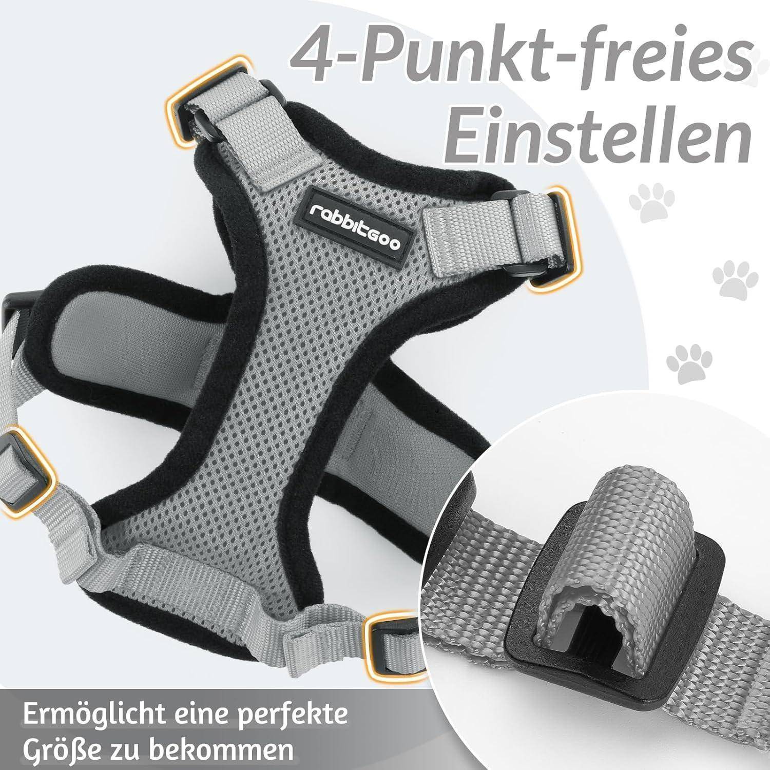 Ein grau-schwarzes Haustier-Geschirr mit verstellbaren Riemen, das einen individuell anpassbaren Sitz ermöglicht, präsentiert vor einem weißen Hintergrund.